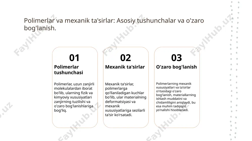 sanoat sohalarida, masalan, qurilish va avtomobil ishlab chiqarishda keng tarqalgan. bu, ularning chidamliligini oshirishga yordam beradi. young moduli: polimerlarning mexanik xususiyatlarini o'lchash usullari. 01 young moduli tushunchasi young moduli, materialning elastik xususiyatlarini ifodalaydi. u kuch va deformatsiya o'rtasidagi munosabatni o'lchaydi, polimerlar uchun muhim parametrdir. 02 o'lchash usullari polimerlar uchun young moduli o'lchashda turli usullar qo'llaniladi, jumladan: statik va dinamik testlar, shuningdek, nanoindentatsiya metodlari. 03 amaliy tadqiqotlar amaliy tadqiqotlar natijalari, polimerlarning young modulusini aniqlashda ahamiyatga ega. bu natijalar, materiallarning sifatini va ishlash muddatini belgilaydi. sudralish o'lchovlari: polimerlarning vaqt o'tishi bilan o'zgarishi. 01 sudralish ta'rifi sudralish, polimerlarning vaqt o'tishi bilan mexanik stress ta'sirida yuzaga keladigan o'zgarishidir. bu jarayon materialning deformatsiyasini anglatadi. 02 sudralish mexanizmlari sudralish jarayonida polimerlar ichida molekulyar darajada harakatlar sodir bo'ladi, bu esa materialning qattiqligini va tuzilishini o'zgartiradi. 03 o'lchov usullari sudralish o'lchovlari uchun turli usullar mavjud: statik va dinamik testlar, vaqt davomida yuklanish natijalari va mikroskopik tahlil. 04 natijalar …