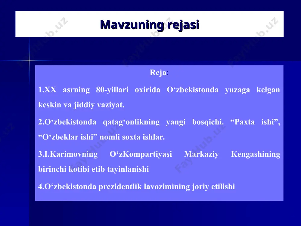 azish; -mehnatning mazmuni va xarakterida, odamlarning moddiy va ma’naviy turmush sharoitlarida chuqur o’zgarishlar qilish, samaradorlikka qarab haq to’lash; -oshkoralik, ya’ni siyosat, ijtimoiy va mafkuraviy muassasalar tizimini faollashtirish. budjet taqchilligi 100 mlrd so’mdan ortdi. davlatning oltin zaxirasi 6 yilda (1985-1991) 10 baravar kamaydi va u atigi 240 tonnaga tushib qoldi. sssrda siyosiy ahvolning murakkablashuvi 1988-yildan boshlab armaniston va ozarbayjon o’rtasida tog’li qorabog' masalasida munosabatlar keskinlashdi. 1989-yilda farg’ona, 1990-yilda olsh, 1991-yilda gruziya - abxaziya, gruziya - janubiy osetiya qonli voqealari keltirib chiqarildi. ayni paytda m. s. gorbachyov va rossiya rahbari b. yelsin o’rtasida hokimiyat uchun kurash kuchaydi. 1922-yilning 30 dekabrida sssrni tuzgan 3 davlat - rossiya federatsiyasi, ukraina va belorussiya rahbarlari 1991-yilning 8-dekabr kuni sssr tarqatilganligini e’lon qildilar hamda mustaqil davlatlar hamdo’stligi (mdh) tuzilganligi haqidagi bitimni imzoladilar. bu bitim tarixga «belovej bitimi» nomi bilan kirdi. shu tariqa sssr parchalanib ketdi. 21-dekabr kuni yana 8 respublika (ozarbayjon, armaniston, qozog’iston, qirg’iziston, o’zbekiston, turkmaniston, tojikiston …