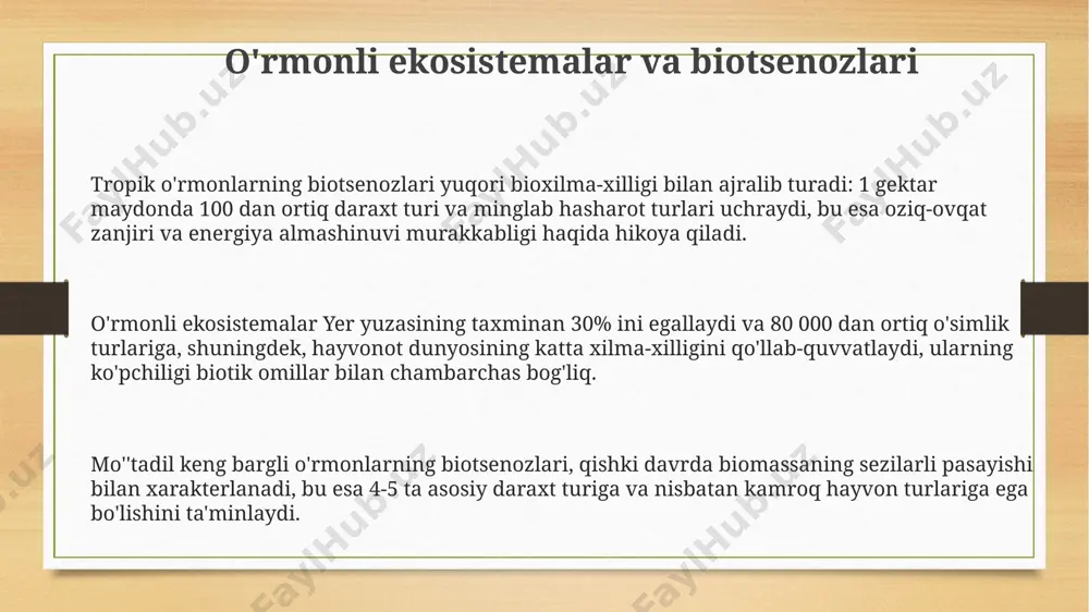 atigi 50-60 kunni tashkil etadi, bu esa o'simliklarning o'sishi va rivojlanishini cheklaydi. tundra va o'rmon-tundra biotsennozlari past biomasa bilan tavsiflanadi, 1 kvadrat metrga taxminan 100-200 grammdan kam quruq o'simlik massasi to'g'ri keladi. o'rmon-tundra hududlarida daraxtlarning balandligi 2-3 metrdan oshmaydi va ularning zichligi past bo'ladi, chunki sovuq iqlim va kuchli shamollar ularning o'sishini qiyinlashtiradi. iqlim zonalari va ularning xususiyatlari mo''tadil iqlim zonalarida 4 ta fasl aniq ifodalanadi, yillik yog'ingarchilik 500-1000 mm oralig'ida, harorat mavsumiy o'zgarishlarga uchraydi, bu o'rmon va o'tloqi ekosistemalarining rivojlanishiga yordam beradi. cho'l iqlim zonasida yillik yog'ingarchilik 250 mm dan kam, temperatura amplitudasi katta (kun va tun orasida 30-40°c gacha), bu sharoitda kserofit o'simliklar va adaptiv hayvonlar yashaydi. ekvatorial iqlim zonasida yillik yog'ingarchilik miqdori 2000 mm dan oshadi, harorat esa 25-28°c atrofida o'zgarib turadi, bu yuqori biotik faollikka olib keladi. cho'l ekosistemalari va biotsenozlari cho'l biotsenozlari, jumladan, saksovullar, shuvoqlar va turli xildagi sukkulentlarning 10 dan ortiq turlarini o'z ichiga …