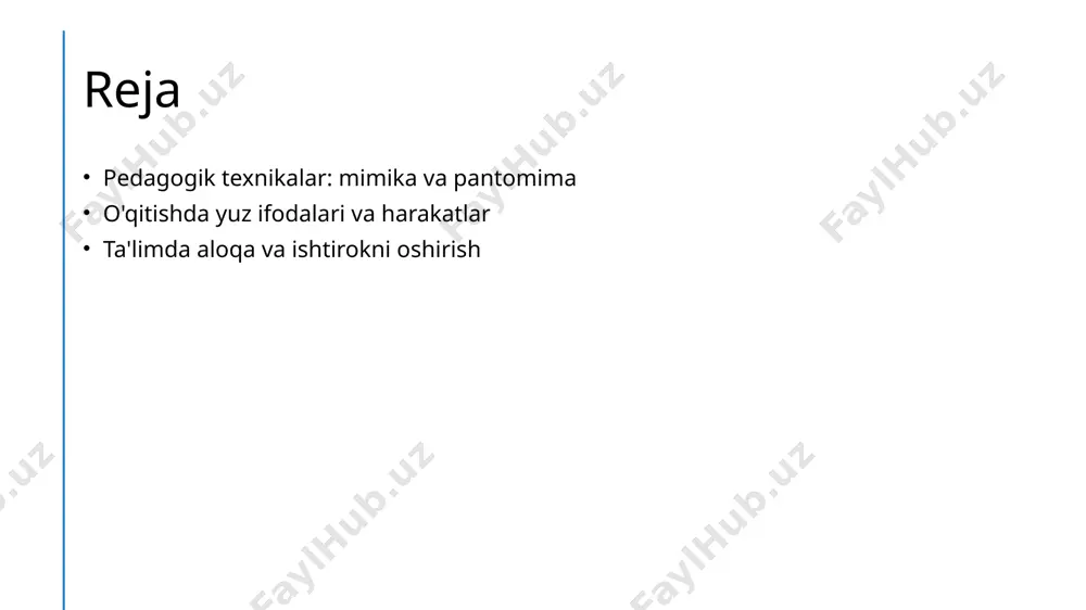 g e'tiborini jalb qilib, ishtirok etishlarini rag'batlantiradi. o'qitishda yuz ifodalari: o'quvchilar bilan aloqa kuchaytirish usuli. 1 yuz ifodalari ahamiyati - yuz ifodalari o'qitish jarayonida o'quvchilar bilan aloqa o'rnatishda muhim rol o'ynaydi. ular hissiyotlarni etkazish va tushunishni osonlashtiradi. 2 aloqa strategiyalari - o'qituvchilar yuz ifodalarini samarali strategiya sifatida ishlatishi kerak. masalan, kulish yoki qiziqish ifodalari o'quvchilarning e'tiborini oshiradi. 3 emotsional muhit - yuz ifodalari ta'lim jarayonida emotsional muhit yaratadi. o'quvchilar o'zlarini qulay his qilganda, o'rganish jarayoni samaraliroq bo'ladi. harakatlar va mimika: o'qituvchining ta'lim jarayonidagi roli. 1 harakatlar va mimika o'qituvchining harakatlari va mimikasi o'quvchilarga ma'lumotlarni taqdim etishda muhim rol o'ynaydi, ta'lim jarayonini yanada qiziqarli qiladi. 2 o'qituvchi ishtiroki o'qituvchi o'z harakatlari bilan darsda faol ishtirok etishi, o'quvchilarning e'tiborini tortadi va ularda qiziqish uyg'otadi. 3 non-verbal aloqa o'qituvchining non-verbal aloqa usullari, masalan, yuz ifodalari va qo'l harakatlari, o'quvchilarga tushuncha berishda samarali vosita hisoblanadi. 4 emotsional muhit harakatlar va mimika orqali o'qituvchi darsda …