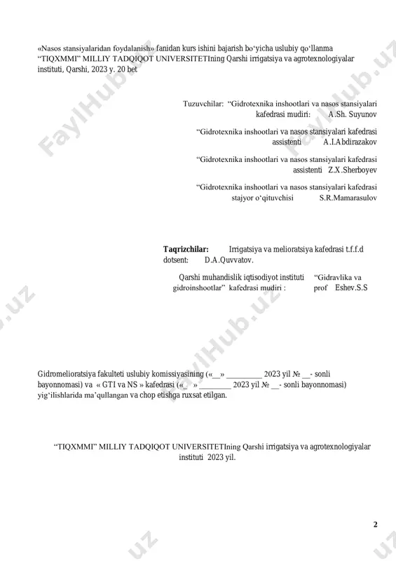 , texnik iqtisodiy va foydalanish parametrlari hisoblarini amalga oshirish kerak. 1. texnik ekspluatatsiya qismi 1.nasos stansiyasi foydalanish parametrlarining nasos optimal ish rejimiga mos keladigan qiymatlarni hisoblash. 1.1.nasos stansiyasining о‘rta vazn geometrik naporini hisoblash. nasos stansiyasining о‘rta vazn geometrik napori suvni haydab berishda yil davomida qaysi napor qiymatiga nasos stansiyasining ishlash muddati va suv berish unumdorligi mos kelishini ifodalovchi qiymat hisoblanadi. g g i i i quv i i q h t q t        , m (1) qi va g i nasos stansiyasining ti suv berish davriga mos keluvchi suv berish unumdorligi va geometrik napori. bu formulani quyidagicha yozish mumkin. 1 1 1 2 2 2 3 3 3 4 4 4 5 5 5 ' . 1 1 2 2 3 3 4 4 5 5 g g g g g g o rt v q h t q h t q h …