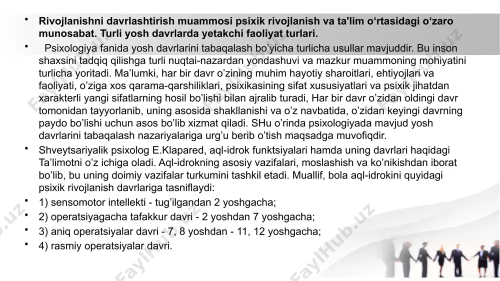 otini quyidagi bosqichlardan iboratligini ta’kidlaydi: chaqaloqlik (tug’ilgandan 10 kunlikkacha); go’daklik (10 kunlikdan 1 yoshgacha); ,, ilk bolalik (1 yoshdan 3 yoshgacha); mttgacha davr (3 yoshdan 5 yoshgacha); mtt yoshi (5 yoshdan 7 yoshgacha); kichik maktab yoshi (7 yoshdan 11 oshgacha); o’smirlik (11 yoshdan 15 yoshgacha); ilk o’spirinlik yoki katta maktab yoshi (15-18 yoshgacha). yuqoridagi har ikkala tasnifga qanday nuqtai nazardan yondashilganligidan qat’iy nazar inson kamolotini bira to’la ifodalab berishda ojizlik qiladi. mazkur nazariyalar insonning shaxs sifatida shakllanishi bosqichlari haqida ko’proq ma’lumot beradi, xolos. ularda yoshlik, yetuklik, qarilik davrlarining xususiyatlari, qonuniyatlari to’g’risida nazariy va amaliy ma’lumotlar yetishmaydi. shunga qaramay ular o’rta maktab pedagogik psixologiya fani uchun alohida ahamiyat kasb etadi. hozirgi zamon psixologiyasining yirik vakili a.v.petrovskiy inson kamolotiga, shaxsning tarkib topishiga ijtimoiy-psixologik nuqtai-nazardan yondashib, shaxsning shakllanishini quyidagi bosqichlarda amalga oshishini ta’kidlaydi; ilk bolalik (maktabgacha ta’lim yoshidan oldingi davr) - tug’ilganidan 3 yoshgacha. mtt davri - 3 yoshdan 7 yoshgacha. kichik maktab …