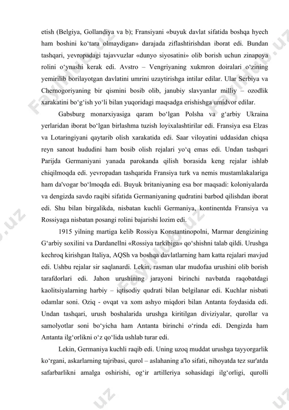 aqsh va boshqa davlatlarning ham katta rejalari mavjud edi. ushbu rejalar sir saqlanardi. lekin, rasman ular mudofaa urushini olib borish tarafdorlari edi. jahon urushining jarayoni birinchi navbatda raqobatdagi kaolitsiyalarning harbiy – iqtisodiy qudrati bilan belgilanar edi. kuchlar nisbati odamlar soni. oziq - ovqat va xom ashyo miqdori bilan antanta foydasida edi. undan tashqari, urush boshalarida urushga kiritilgan diviziyalar, qurollar va samolyotlar soni bo‘yicha ham antanta birinchi o‘rinda edi. dengizda ham antanta ilg‘orlikni o‘z qo‘lida ushlab turar edi. lekin, germaniya kuchli raqib edi. uning uzoq muddat urushga tayyorgarlik ko‘rgani, askarlarning tajribasi, qurol – aslahaning a'lo sifati, nihoyatda tez sur'atda safarbarlikni amalga oshirishi, og‘ir artilleriya sohasidagi ilg‘orligi, qurolli kuchlarini tez sur'atda bir frontdan ikkinchi frontga o‘tkazish imkoniyatlari yaqqol namoyon bo‘lar edi. germaniya uchun qulay xolatdan kelib chiqib, germaniya qo‘mondonligi «blits krig» operatsiyasiga suyandi. yirik kuchlar bilan belgiya va shimoliy fransiya orqali, parijni g‘arb tomonidan aylanib o‘tib raqib armiyasini qamalga olib fransiyani taslim …