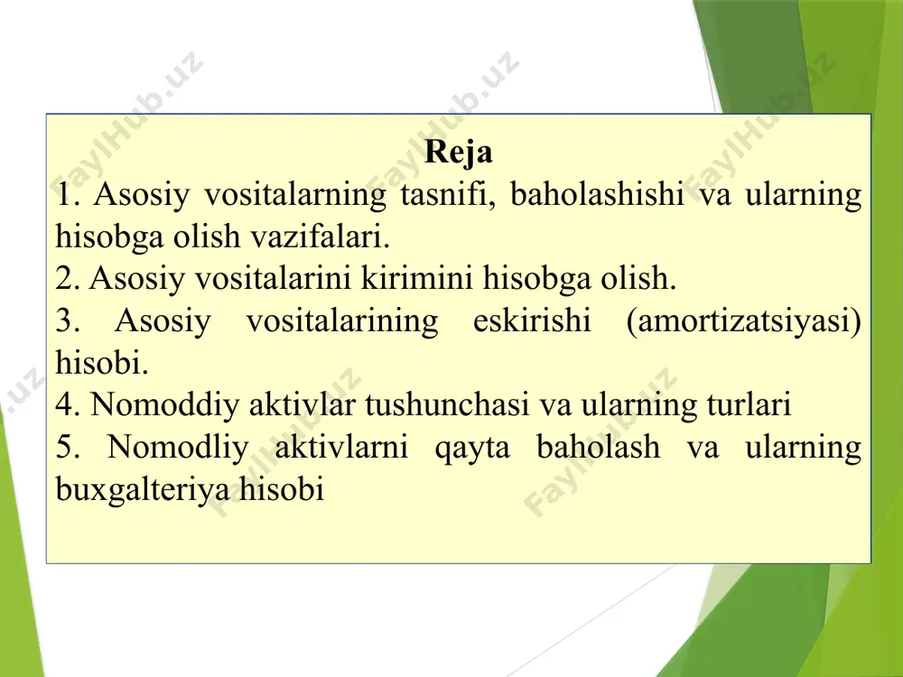 h texnikasi"; 0160 "transport vositalari"; 0170 "ishchi va mahsuldor hayvonlar"; 0180 "ko‘p yillik o‘simliklar"; 0190 "boshqa asosiy vositalar"; 0199 "konservatsiya qilingan asosiy vositalar". asosiy vositalarni hisobga oluvchi shotlarning bog'lanishi. т/р ho'jalik muomalalarining mazmuni. shotlarining bog`lanish debet kredit 1 qurib bitkazilgan va foydalanishga topshirilgan ob'ektlarning asosiy vositalar tarkibiga o'tkazilishi. 0110-0190 0810 2 asosiy vositalarni haqiqiy tannarxi bo'yicha harid qilinishi (boshlan'gich qiyamati). 0110-0190 0820 3 uzoq muddatli ijara bilan olgan asosiy vositalarni uzoq muddatli ijara shartnomasi tugagandan keyin asosiy vositalar tarkibiga qabul qilinishi. 0110-0190 0310 4 tasischilarning ustav kapitaliga ulush sifatida kiritgan yoki aktsiyalarga to'lov sifatida kelib tushgan asosiy vositalarning kirim qilinishi. 0110-0190 4610 5 asosiy vositalarning tekinga kelib tushishi. 0110-0190 8530 asosiy vositalarning harakati quyidagi hujjatlar yordamida hisobga olinadi: av-1 shakli - "asosiy vositalarni qabul qilish va berish akti" - asosiy vositalarning kirim va chiqimini qayd qilish uchun. av-2 shakli - "ta'mirlangan, mukammallashgan va rekonstruksiya qilingan asosiy vositalarni qabul qilish va …