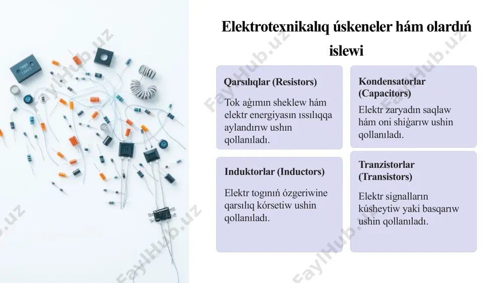shiliktiń barlıq tarawlarına tásir etiwshi áhmiyetli pánler. bul prezentaciya usı tarawlardıń tiykarları, áhmietli nızamları hám ámeliy qollanılıwı haqqında ulıwma maǵlıwmat berdi. keyingi basqıshta siz bul pánlerdi tereńirek úyreniwińiz múmkin, qosımsha resurslardı oqıp, tájiriybeler ótkeriw hám ámeliy joybarlardı ámelge asırıw arqalı. fizika nizamları elektrotexnikanıń tiykargı principleri hám texnologiyalarına súyenedi. elektromagnetizm, tok hám kernew, indukciya, energiya saqlanıwı sıyaqlı fizika nizamları elektronika, elektr quwatlılıǵı hám mexanikalıq sistemalar dizaynında ámelde keń qollanıladı. bul nizamlardı duris túsiniw hám olardan paydalanıw elektrotexnika hám elektronikanıń rawajlanıwına járdemlesedi. seriyalı shinjırlar ápiwayı hám qolaylı esaplanadı, biraq olardıń ayırım kemshilikleri de bar, máselen, bir komponent islemey qalganda pútkil sistemanıń islemewi. solay bolsa da, olar kóplegen ápiwayı sistemalarda islewde tabıslı qollanıladı. 12 paydalanılgan ádebiyatlar "fizika tiykarları" (p.b. moon, m.f. tinel) bul kitap fizikanıń tiykargı nızamları, mexanika, elektromagnetizm, termodinamika hám optika sıyaqlı bólimlerdi óz ishine aladı. "elektrotexnika tiykarları" (a.n. rezin, v.i. sidorov) elektr tarmaqları hám qurilmalarınıń islew principleri, ohm nizamı, kirxof nizamları …