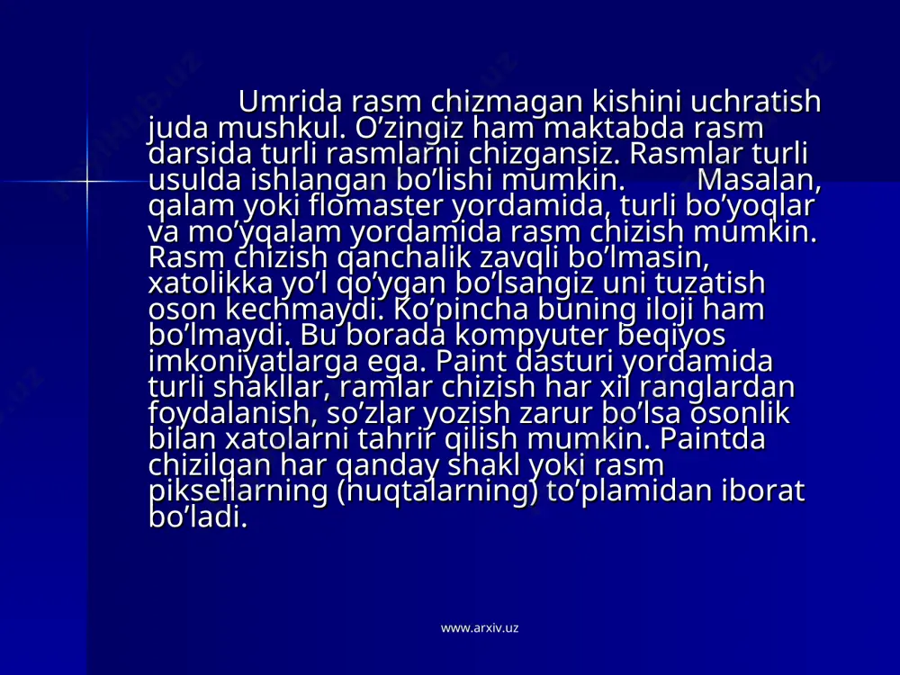 rasm chizish va tahrir qilish uchun uskunalar (qalam bo'yoq purkagich, o'chirg'ich, ...), turli chiziq va shakllar majmuidan iborat. ranglar majmui (palitra) turli rangdagi chiziqlarni chizish va bo'yashda rang tanlash uchun ishlatiladi. holat satrida sichqoncha ko'rsatkichi turgan joyga mos nuqralar o'rni ko'rsatiladi. www.arxiv.uz www.arxiv.uz fayl, tahrir, ko'rinish va rasm menyulari nimalardan iborat? «fayl» menyusi yordamida rasm chizish uchun yangi ishchi maydon hosil qilish, saqlangan rasmni diskdan o'qib olish, hosil qilingan rasmni saqlab qo'yish, rasmni boshqa nom bilan saqlash, ishchi maydondagi rasmni qog'ozga chop etish va dasturdan chiqish amallarini bajarish mumkin. u quyidagi amallardan iborat: www.arxiv.uz www.arxiv.uz «tahrir» menyusi yordamida oxirgi bajarilgan amalni bekor qilish va qayta tiklash tasvirning belgilangan qismini qirqib olish yoki nusxalash, olingan nusxani tasvirga joylashtirish yoki diskda saqlab qo'yish mumkin. u quyidagi amallar majmuiga ega: «ko'rinish» menyusi yorda­mida paintning ba'zi elementlarini (uskunalar paneli, ranglar majmui va h.k.) o'rnatish yoki olib qo'yish, ishchi maydondagi tasvirning o'lchamini o'zgartirish mumkin. www.arxiv.uz …