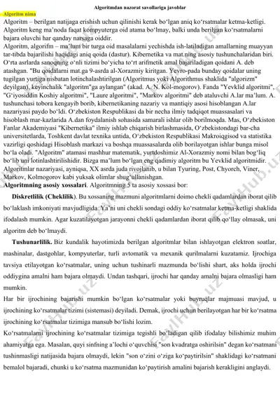 algoritmdan nazorat savollariga javoblar — DOCX