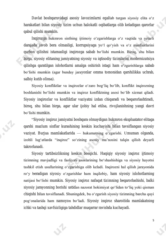 . umuman olganda, izohli lug‘atlarda “inqiroz” so‘zining asosiy ma’nosini talqin qilish deyarli takrorlanadi. siyosiy tartibsizlikning keskin bosqichi. haqiqiy siyosiy inqiroz ijtimoiy tizimning mavjudligi va faoliyati asoslarining bo‘shashishiga va siyosiy hayotni tashkil etish usullarining o‘zgarishiga olib keladi. inqirozni hal qilish jarayonida ro‘y beradigan siyosiy o‘zgarishlar ham inqilobiy, ham siyosiy islohotlarning natijasi bo‘lishi mumkin. siyosiy inqiroz nafaqat tizimning beqarorlashishi, balki siyosiy jarayonning borishi ustidan nazorat hokimiyat qo‘lidan to‘liq yoki qisman chiqishi bilan tavsiflanadi. shuningdek, bu o‘zgarish siyosiy tizimning barcha quyi pog‘onalarida ham namoyon bo‘ladi. siyosiy inqiroz sharoitida mamlakatning ichki va tashqi xavfsizligiga tahdidlar muqarrar ravishda kuchayadi. 6 shunday qilib, siyosiy barqarorlik, xavfsizlik va inqiroz ijtimoiy hodisa sifatida bir-biri bilan o‘zaro bog‘liqdir. ular dialektik jihatdan qarama-qarshi bo‘lsa-da, asosiy maqsad — ijtimoiy taraqqiyotni ta’minlashga xizmat qilish. demak, siyosiy inqirozning mohiyati ijtimoiy institutlar, tashkilotlar va guruhlarning, alohida shaxslarning siyosat sohasidagi turli munosabatlari va o‘zaro ta’siridagi qarama-qarshiliklarning keskin kuchayib borishi, ya’ni ularni bosib olish, taqsimlash, qayta …