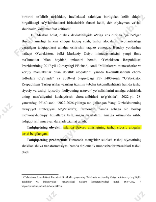 xoroning rossiya imperiyasi bilan o‘zaro siyosiy-diplomatik munosabatlari, elchilar almashinuvi, ularga topshirilgan vazifalarning o‘ziga xos xususiyatlarini ochib berish; · amirlikning musulmon sharqi mamlakatlari: afg‘oniston, eron va usmoniylar imperiyasi bilan o‘zaro siyosiy aloqalarini qiyosiy tahlil etish. tadqiqot mavzusi bo‘yicha adabiyotlar sharhi (tahlili).buxoro amirligining tashqi siyosiy aloqalariga oid tadqiqotlar dunyoning qator yetakchi ilmiy markazlari va oliy ta’lim muassasalarida, jumladan, buyuk britaniya va irlandiyaning qirollik osiyo jamiyati, britaniya forsshunoslik instituti (london, buyuk britaniya), avstriya fanlar akademiyasining eronshunoslik instituti (vena), parij siyosiy tadqiqotlar instituti (parij, fransiya), yevropa universiteti (florensiya, italiya), rossiya fa sharqshunoslik instituti, o‘rta osiyo tadqiqotlar markazi, m.v.lomonosov nomidagi moskva davlat universiteti huzuridagi osiyo va afrika mamlakatlari instituti (rossiya), islom tadqiqotlari markazi (turkiya), l.n.gumilev nomidagi yevroosiyo universiteti (ostona, qozog‘iston) kabilarda olib borilmoqda. [footnoteref:1] [1: https://royalasiaticsociety.org] jahonda olib borilgan tadqiqotlar natijasida buxoro amirligining tashqi siyosiy aloqalari tarixiga doir quyidagi ilmiy natijalar olingan: · amirlikning tashqi siyosati, xalqaro elchilik munosabatlari tarixi yoritib berilgan (buyuk britaniya va …