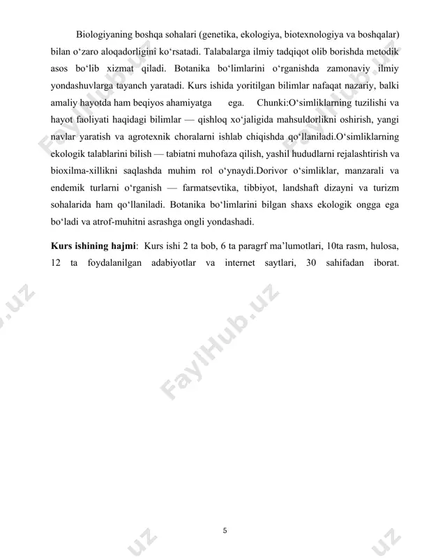 a rasm, hulosa, 12 ta foydalanilgan adabiyotlar va internet saytlari, 30 sahifadan iborat. i bob. tuban ôsmliklar bôlimi 1.1. tuban ôsmliklarning marfalagik va anatamik tuzilishi. tuban o‘simliklarning morfologik va anatomik tuzilishi — ularning oddiy, ildiz, poya, barg kabi haqiqiy organlarga ega bo‘lmagan, bir yoki ko‘p hujayrali tuzilmaga ega bo‘lgan taloid tanasi (taloid) orqali belgilanadi. bu o‘simliklar ko‘pincha suvli muhitda yoki juda nam sharoitda yashaydi.1. morfologik tuzilishi (tashqi tuzilma):taloid (tana) tuban o‘simliklar tanasi taloid deyiladi. u ildiz, poya va barglarga ajralmagan yagona butun tuzilma hisoblanadi. shakli: ipchasimon, ipga o‘xshash, plastinkasimon, sferik yoki koloniya shaklida bo‘ladi. hajmi: mikroskopik (masalan, chlamydomonas) dan yirik, ko‘p hujayrali (ulva, laminaria) shakllargacha bo‘lishi mumkin. hujayra shakli va tuzilishi: bir hujayrali: yagona hujayradan iborat (chlorella, euglena). ko‘p hujayrali: hujayralar zanjir yoki koloniya tarzida birlashgan (spirogyra, volvox). 2. anatomik tuzilishi (ichki tuzilma): hujayra devori: sellyuloza, pektin, ba’zilarida silisiy (kremniy) yoki kaltsiy karbonat (caco₃) bo‘ladi. ko‘k-yashil suvo‘tlar (sianobakteriyalar) prokaryot bo‘lib, …