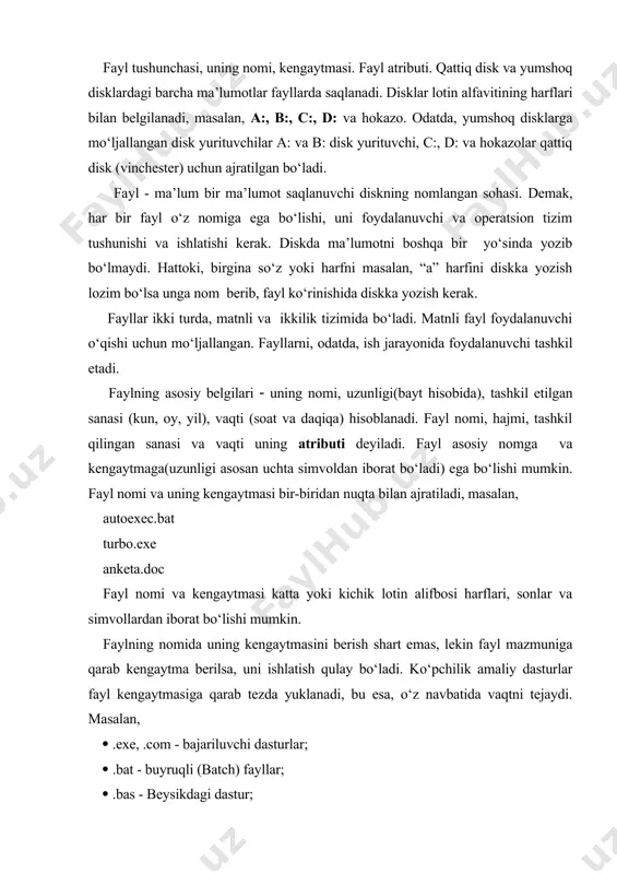 agi dastur; ( .pas - paskaldagi dastur; ( .doc - word matn muharriridagi matnli fayl; ( .xls - excel elektron jadvalidagi jadvalli fayl va hokazo. * va ? belgilarining ishlatilishi. fayllarni qisqacha nom- lashda * va ? belgilari ishlatiladi. * simvoli fayl nomi va kengaytmasidagi ixtiyoriy sondagi simvollarni belgilaydi. ? simvoli fayl nomi va kengaytmasidagi ixtiyoriy bitta simvolni belgilaydi. masalan: *.doc ( diskdagi kengaytmasi .doc bo‘lgan barcha fayllar; *.* ( diskdagi barcha fayllar; p*.e* ( diskdagi nomi p harfi, kengaytmasi e harfi bilan bosh- lanadigan barcha fayllar; ?.doc ( diskdagi nomi bitta simvoldan iborat kengaytmasi .doc bo‘lgan barcha fayllar; katalog tushunchasi, uning nomi. magnit disklarida fayl nomlari katalogda saqlanadi. katalog (fayl nomlari, uning hajmi, tashkil etilgan sanasi va boshqa xossalari haqida ma’lumotlarni saqlaydi. kataloglar ham fayllar kabi nomlanadi, lekin uning kengaytmasi bo‘lmaydi. diskda bir nechta katalog bo‘lishi mumkin. katalog ichida boshqa kataloglar joylashishi mumkin. bu holatda tashqi katalog - tub …