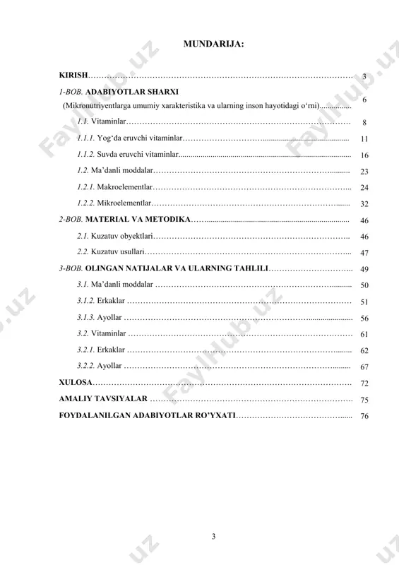 ........................... 46 2.1. kuzatuv obyektlari……………………………………………………………….. 46 2.2. kuzatuv usullari…………………………………………………………………... 47 3-bob. olingan natijalar va ularning tahlili………………………….. 49 3.1. ma’danli moddalar ………………………………………………………….......... 50 3.1.2. erkaklar ………………………………………………………………………… 51 3.1.3. ayollar ……………………………………………………………...................... 56 3.2. vitaminlar ………………………………………………………………………… 61 3.2.1. erkaklar ……………………………………………………………………........ 62 3.2.2. ayollar ……………………………………………………………………......... 67 xulosa……………………………………………………………………………………. 72 amaliy tavsiyalar …………………………………………………………………. 75 foydalanilgan adabiyotlar ro’yxati…………………………………...... 76 kirish ma’lumki, inson iste’mol qiladigan taomlar tarkibida ikki xil oziq-ovqat mahsulotlari bо‘ladi. birinchi guruhga, asosiy oziq moddalar, qaysikim, ularga oqsillar, yog‘lar va uglevodlar kirib, ikki xil vazifani bajaradi. birinchisi, ovqat hazm qilish traktida ular kimyoviy parchalanishga uchrab, vujudning barcha hatti-harakatlari uchun hamda a’zolar va tizimlarning faoliyat kо‘rsatishi uchun tegishli energiya berib turadi. ikkinchisi, shu oziq moddalar hisobidan (ayniqsa, oqsillar hisobidan) tanada yangi hujayralar, tо‘qimalar hosil bо‘lib, organizm о‘sadi va rivojlanadi. bundan tashqari о‘sish va rivojlanishdan tо‘xtagan organizmlarda ham hujayra va tо‘qimalarning yangilanishi aytib о‘tilgan asosiy oziq moddalar hisobidan bо‘lib turadi. qayd qilib о‘tilgan asosiy oziq moddalar, ya’ni oqsillar, …