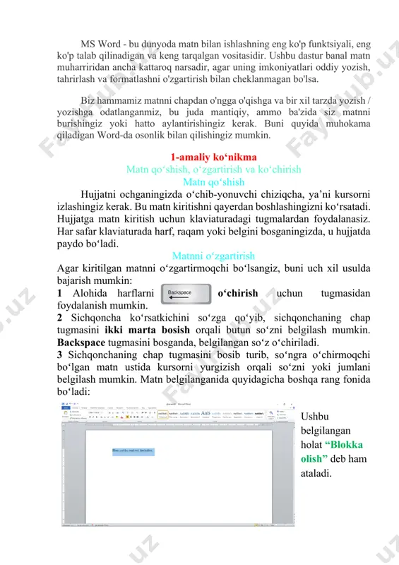 yoki chapga crtl+o’ngga yoki chapga yo’naltirilgan tugmasini bosgan holatda belgilab so’ngra ctrl+x ni bossak matnni qirqib oladi ya’ni cut (вырезать) buyrug’ini qabul qiladi. matnni kerakli joyiga qo’ymoqchi bo’lsak so’ngra kursorni kerakli joyga qo’yib ctrl+v tugmalarini bossak paste (вставыт) buyrug’i bajariladi. bu holat vaqtimizni ma’lum miqdorda tejashga yordam beradi. yana boshqa usullari ham mavjud. masalan, word dasturiga kirgan holatda matnni belgilagach, главная bo’limida berilgan buyruqlar orqali ham bu ishlarni amalga oshirish mumkin. topshiriqlar 1.1-mashg‘ulot oʻqituvchi tomonidan berilgan “holiday_memories.docx” hujjatini oching. hujjatning oxiriga quyidagi matnni qoʻshing: “biz, shuningdek, sohilga ham bordik. havo iliq va quyoshli edi. dengizda cho‘mildik va qumdan qasrlar qurdik.” 1.2-mashg‘ulot quyidagi gap notoʻgʻri joyda joylashgan: “yetib kelganimizdan keyin mehmonxona restoranida ajoyib taom tanovul qildik.” bu gapni hujjatning boshiga koʻchiring. 1.3- mashg‘ulot quyidagi gapda notoʻgʻri ma’lumot joylashgan: “mehmonxona nomi sohil mehmonxonasi edi.” mehmonxona nomini “quyosh va dengiz” nomiga oʻzgartiring. 1.4-mashg‘ulot hujjatni saqlang va uning nusxasini chop eting. “holiday_memories” hujjat uchun …