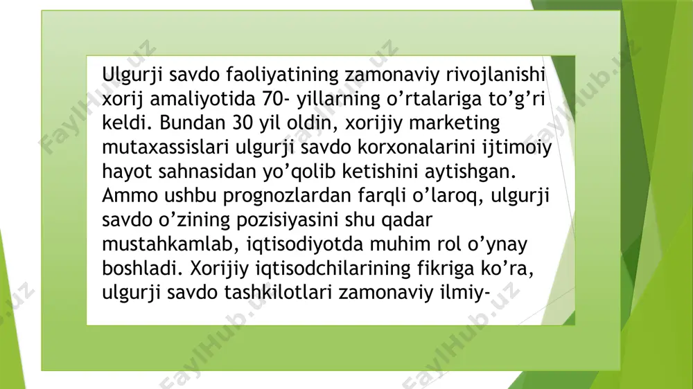 i keskin o’sgan. jumladan, navoiy, jizzax va xorazm viloyatlarida erkin iqtisodiy zonalar, kichik sanoat hududlarini tashkil etilishi natijasida ulgurji savdo faoliyati rivojlanishiga ham ijobiy ta’sir ko’rsatmoqda. lekin iqtisodiyoti rivojlangan mamlakatlar ulgurji savdo kompaniyalari soni, tashkiliy tuzilmalari, ulgurji savdo aylanmasiga nisbatan mamlakatimiz iqtisodiyotida ulgurji savdoning salmog’i ancha past. iqtisodiyotning muhim sektori bo’lgan ulgurji savdoni mamlakatimizda yanada rivojlantirish bo’yicha ulkan imkoniyatlar mavjud. xulosa va takliflar. ulgurji savdo mamlakat ichki savdosini rivojlanishi, ijtimoiy takror ishlab chiqarishni kengaytirish, kichik biznes va xususiy tadbirkorlikni yanada rivojlantirish, zaruriy xom ashyo, yarim tayyor va tayyor mahsulotlar zaxirasini yaratish, saqlash, mamlakat transport infratuzilmasida yuk tashish hajmini oshirish, yangi ish o’rinlari ochishga ko’maklashadigan iqtisodiyotning muhim sektori hisoblanadi. xorij tajribasidan kelib chiqqan holda o’zbekistonda ulgurji savdo tashkiliy tuzilmasi, ulgurji savdo aylanmasini ko’paytirish, ushbu sektorni mamlakat iqtisodiyotidagi salmog’ini hamda aholining bandligini yanada oshirish bo’yicha quyidagi taklif va tavsiyalar ishlab chiqildi: 1. mamlakatimizda sanoat ishlab chiqarishni, mahalliy mineral-xomashyolarni chuqur qayta ishlash asosida …
