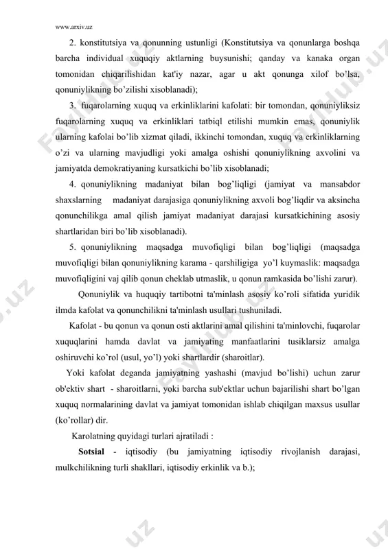a sub'ektlar uchun bajarilishi shart bo’lgan xuquq normalarining davlat va jamiyat tomonidan ishlab chiqilgan maxsus usullar (ko’rollar) dir. karolatning quyidagi turlari ajratiladi : sotsial - iqtisodiy (bu jamiyatning iqtisodiy rivojlanish darajasi, mulkchilikning turli shakllari, iqtisodiy erkinlik va b.); siyosiy (konstitutsion tuzimning demokratlash darajasi, jamiyatning siyosiy tizimi, siyosiy plyuralizm (fikrlarni xilma - xilligi) kuppartiyaviylik, xokimiyatning bo’linishi va b.); tashkiliy (qonun va qonun osti aktlariga amal qilinishini nazorat qiluvchi maxsus organlar (sud, militsiya, proko’ratura va b.)ning faoliyati); ijtimoiy (qonun bo’zarlikni oldini olishga qaratilgan jamoatchilik tomonidan kullaniladigan kompleks profilaktik chora-tadbirlar); g’oyaviy (bu xuquqiy ong rivojlanishining darajasi, fukoralar o’rtasida yuridik bilimlarni yoyish xuquq talablariga xurmat, jamiyatda ma'naviy tarbiyaning darajasi); maxsus-yuridik (xarakatdagi qonunchilikda ogoxlantirish, tugirlash,xuquq talablarining bo’zilishiga chek quyish maqsadida urnatilgan usul yoki ta'sirqiluvchi omil (ko’rollar).maxsus yuridik usul (ko’rol) larga avvalam bor qonuniylik talabi ifodalangan barcha xuquq normalarini kiritish zarurdir. qonuniylikning yuridik talablari quyidagilardan iborat : * xn sini bajarmaslikni adolatli jazolash; * qonun ustunligini …