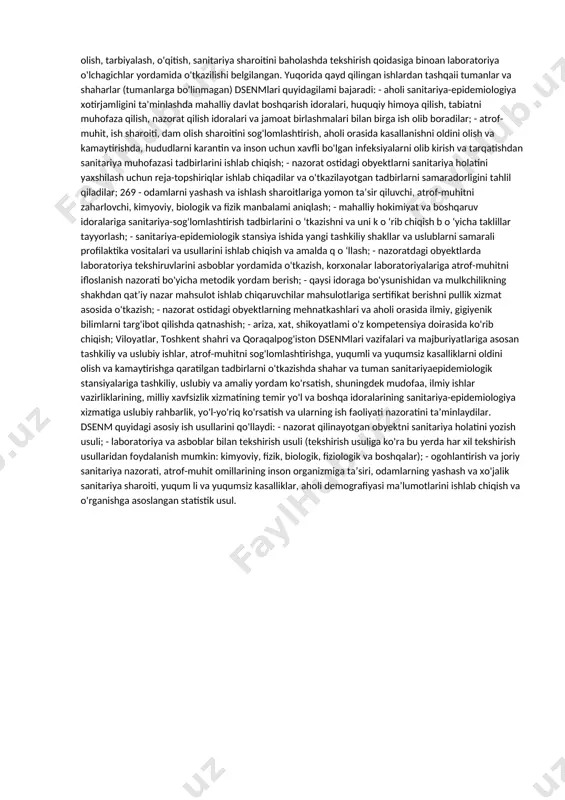 rioya etishlar ustidan davlat sanitariya nazoratini olib boradi. dsenm davlat tasarrufidan chiqarilmaydi va xususiylashtirilmaydi. dsenm boshqarish darajasiga qarab 3 darajaga bo'linadi: o'zbekiston respublikasi sog'lig'ini saqlash vazirligi, respublika davlat sanitariyaepidemiologiya nazorat markazi (iii daraja); qoraqalpog'iston respublikasi davlat sanitariya-epidemiologiya nazorat markazi, viloyatlar dsenmlari va toshkent shahar dsenmga (ii daraja), shahar (tumanlarga bo'linmagan) dsenmlariga va tuman dsenmlariga (i daraja) bo'linadi. m a’muriy m unosabati b o 'y ich a dsenm darajasiga qarab bo'ysunadi: vazirlar kengashiga, hokimiyatga (shahar, viloyat, tuman) va ularga qarashli sog'liqni saqlash idoralariga, vazifasi bo'yicha o'zidan yuqori turuvchi davlat sanitariya-epidemiologiya nazorati markaziga bo'ysunadi. dsenm umumiy tuzilishi va shtat normativlari o'zbekiston respublikasi sog'liqni saqlash vazirligining buyrug'i bilan tasdiqlanadi. ill va ii darajali dsenm qoshida sanitariya-epidemiologiya xizmatini rivojlantirishni, boshqarilishini, uning material - texnik bazasini va mablag' bilan ta’minlashni yaxshilash maqsadida bosh davlat sanitariya vrachi tomonidan tasdiqlangan nizom asosida ish quruvchi sanitariyaepidemiologiya kengashi tashkil qilinadi. dsenm tibbiyot institutlarining, vrachlar malaka oshirish institutlarining o'quv bazasi …