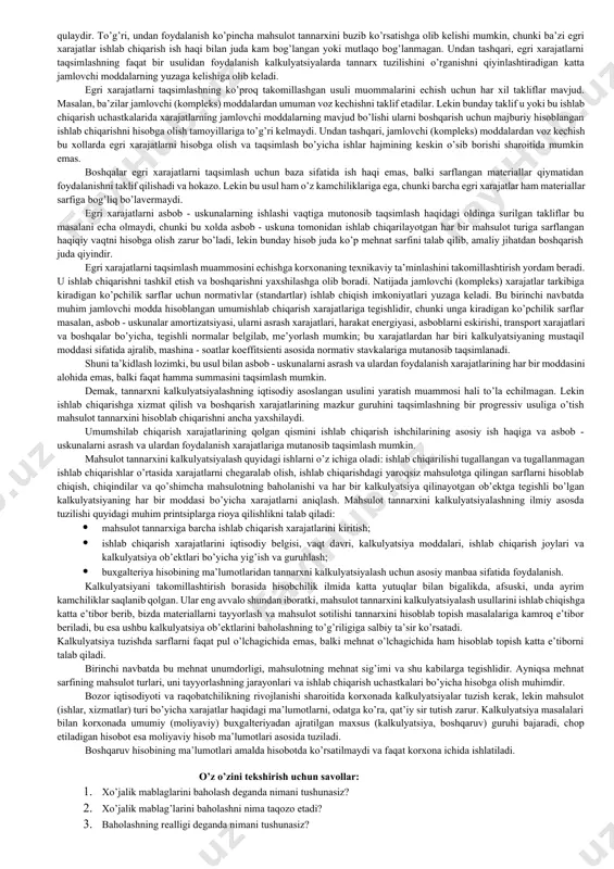 oyillari mavjud. kapital quyilmalar quruvchi (buyurtmachi)ning balansida haqiqiy xarajatlari bo’yicha aks ettiriladi; asosiy vositalar va nomoddiy avtivlar ularni xarid qilish yoki qurib bitirish hamda etkazib kelish va o’rnatishning barcha xarajatlari qiymatida tashkil topgan dastlabki (boshlang’ich) qiymatda, asosiy vositalar va moddiy aktivlar ularning qoldiq qiymati aniqlanadigan alohida moddalar bo’yicha ko’rsatiladi; ishlab chiqarish zahiralari (xom ashyo, materiallar yoqilg’i va hokazo) materiallarni xarid qilish, tayyorlash va omborga olib kelish xarajatlarining barchasini o’z ichiga oladigan haqiqiy tannarx bo’yicha; tayyor mahsulot ishlab chiqarish jarayonida asosiy vositilar, xom ashyo, materiallar, yoqilg’i, energiya, mehnat va boshqalardan foydalanish bilan bog’liq bo’lgan xarajatlaridan iborat bo’lgan haqiqiy ishlab chiqarish tannarxida; tugallangan ishlab chiqarish - haqiqiy tannarxida; debetorlar va kreditorlar bilan hisob - kitoblar korxona buxgalteriya yozuvidan kelib chiqadigan va ular tomonidan tan olingan summalarda hisobga olinadi. xarajatlar tarkibi to’g’risidagi nizom moddiy ishlab chiqarish zahiralarini baholashda shuningdek ehtiyotkorlik usulidan foydalanishni ham nazarda tutadi. bu tamoyil yuqorida hisobning asosiy qoidalaridan biri ekan …