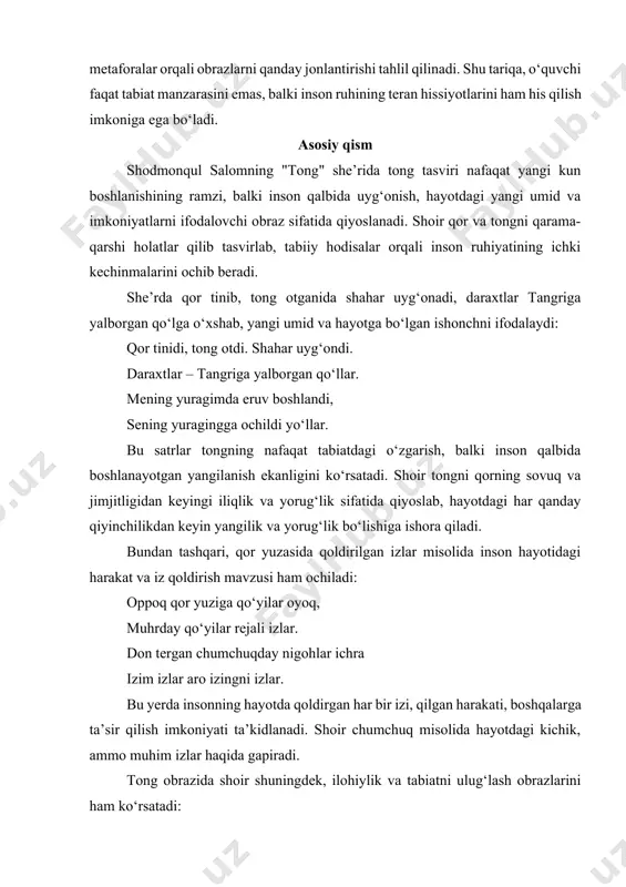 yangi umid va imkoniyatlarni ifodalovchi obraz sifatida qiyoslanadi. shoir qor va tongni qarama-qarshi holatlar qilib tasvirlab, tabiiy hodisalar orqali inson ruhiyatining ichki kechinmalarini ochib beradi. she’rda qor tinib, tong otganida shahar uyg‘onadi, daraxtlar tangriga yalborgan qo‘lga o‘xshab, yangi umid va hayotga bo‘lgan ishonchni ifodalaydi: qor tinidi, tong otdi. shahar uyg‘ondi. daraxtlar – tangriga yalborgan qo‘llar. mening yuragimda eruv boshlandi, sening yuragingga ochildi yo‘llar. bu satrlar tongning nafaqat tabiatdagi o‘zgarish, balki inson qalbida boshlanayotgan yangilanish ekanligini ko‘rsatadi. shoir tongni qorning sovuq va jimjitligidan keyingi iliqlik va yorug‘lik sifatida qiyoslab, hayotdagi har qanday qiyinchilikdan keyin yangilik va yorug‘lik bo‘lishiga ishora qiladi. bundan tashqari, qor yuzasida qoldirilgan izlar misolida inson hayotidagi harakat va iz qoldirish mavzusi ham ochiladi: oppoq qor yuziga qo‘yilar oyoq, muhrday qo‘yilar rejali izlar. don tergan chumchuqday nigohlar ichra izim izlar aro izingni izlar. bu yerda insonning hayotda qoldirgan har bir izi, qilgan harakati, boshqalarga ta’sir qilish imkoniyati ta’kidlanadi. shoir …