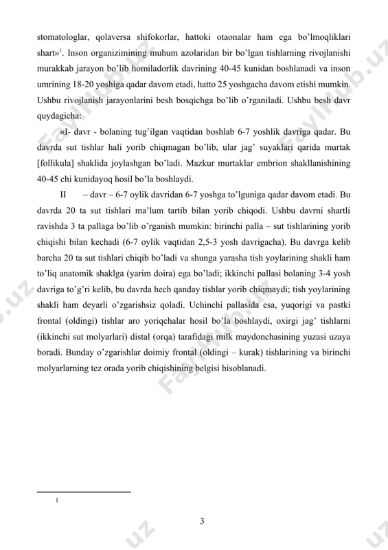 doimiy frontal (oldingi – kurak) tishlarining va birinchi molyarlarning tez orada yorib chiqishining belgisi hisoblanadi. 1 2 2 iii - davr bolaning 6 yosh davridan boshlib 12-13 yoshgacha bo’lgan vaqtni o’z ichiga oladi. bu davrni ham shartli ravishda ikki pallaga bo’lib o’rganiladi: birinchi pallasida doimiy kurak (frontal) va birinchi molyarlar yorib chiqadi; ikkinchi pallasida esa, avval birinchi keyin ikkinchi premolyarlar, keyin qoziq tishlar yorib chiqadi. iv - davr bu vaqtga (12-13 yosh) kelib uchinchi molyarlardan tashqari barcha doimiy tishlar yorib chiqqan bo’ladi va ularning soni 28 taga yetgan bo’ladi. 17-25 yoshlik davriga kelib uchinchi doimiy molyarlar (aql tishlari) yorib chiqishi mumkin»[footnoteref:2]. [2: ] sut tishlarining rivojlanishi sut tishlarining rivojlanishi (doimiy tishlardan farqli o’laroq) to’rt davrni o’z ichiga oladi: 1. tish murtaklarining hosil bo’lishi va ularning jag’ suyagi alveolasi ichidagi shakllanish davri. 2. yorib chiqqan tishlar ildizining shakllanish davri. 3. sut tishlarining to’liq shakllangish davri. 4. sut tishlari ildizining so’rilish davri. …