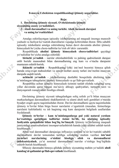 8-mavzu uzbekiston respublikasidagi ijtimoiy uzgarishlar — DOCX