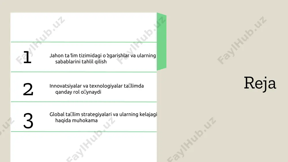 ta'limning rivojlanishi", "inklyuziv ta'lim", "global hamkorlik" ], "paragraphs": [ "raqamli ta'lim so'nggi yillarda tez sur'atlar bilan rivojlanmoqda. bu, o'quvchilar uchun yangi imkoniyatlar yaratmoqda va ta'lim jarayonini yanada interaktiv va qiziqarli qilmoqda.", "inklyuzivlik, har bir talabaga ta'lim olish imkoniyatini taqdim etish maqsadida muhim ahamiyatga ega. bu, ta'lim tizimida har xil ijtimoiy guruhlarning o'zaro hamkorligini kuchaytiradi.", "global hamkorlik esa, ta'lim tizimlarining bir-biridan o'rganishi va tajriba almashish imkoniyatlarini oshiradi. bu, ta'lim sifatini yaxshilashga yordam beradi." ] } innovatsiyalar ta'limda innovatsiyalar ta'lim jarayonini tubdan o'zgartirmoqda. masalan, coursera va khan academy kabi onlayn ta'lim platformalari, talabalar uchun yangi imkoniyatlar yaratib, ta'limga kirishni osonlashtiradi. interaktiv resurslar, masalan, virtual sinflar va multimedia vositalari, o'qitish va o'qish uslublarini yangilaydi. bu kabi innovatsiyalar, o'qituvchilar va talabalar o'rtasidagi aloqani kuchaytiradi hamda ta'lim sifatini oshiradi. o'zgarishlarning ijobiy va salbiy jihatlari o'qitish va ta'limdagi o'zgarishlarni tahlil qilish muhimdir. kuchli tomonlar: yangi texnologiyalar ta'lim jarayonini yanada samarali qilishga yordam beradi, o'quvchilarning motivatsiyasini oshiradi. …