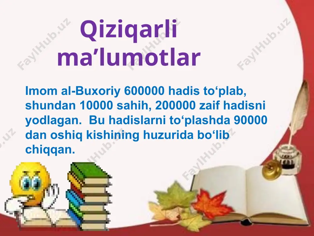 . 2-o‘rin: lafayet kolleji kerbi kutubxonasi, aqsh, pensilvaniya. 3-o‘rin: kongress kutubxonasi, vashington. boyazid davlat kutubxonasi, istanbul venessla, norvegiya birmingem kutubxonasi, angliya chikago ommaviy kutubxonasi, aqsh dokk1 library, daniya lourens kutubxonasi, germaniya chjen yuan do‘koni, xitoy budyo kutubxonasi, norvegiya alisher navoiy nomidagi milliy kutubxona toshkent, o‘zbekiston eng yaxshi sovg‘a bu… etiboringiz uchun rahmat! image3.png image4.jpeg image5.gif image6.jpeg image7.jpeg image8.jpeg image9.jpeg image10.gif image11.png image12.jpeg image13.png image14.jpeg image15.png image16.png image17.jpeg image18.jpeg image19.jpeg image20.jpeg image21.jpeg image22.jpeg image23.jpeg image24.gif image25.jpeg image26.jpeg image27.jpeg image28.jpeg image29.jpeg image30.jpeg image31.jpeg image32.jpeg image33.jpeg image34.jpeg image35.jpeg image36.jpeg image37.gif image38.gif