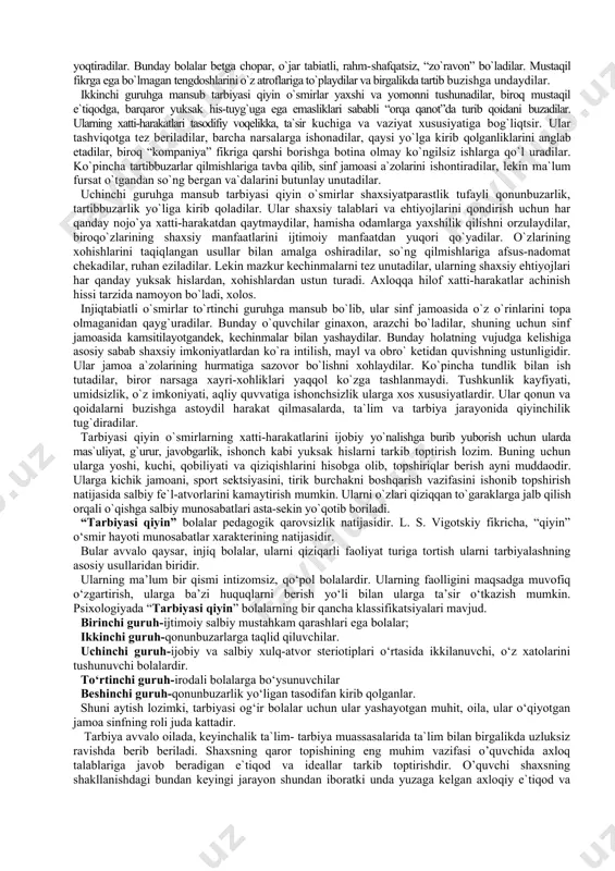 rini boshqarish va tuzatishning haqiqiy vositasidir. ma’qullash, rag‘batlantirish xatti-harakatlarning to‘g‘ri motivlari va formalarini mustahkamlash vositasi bo‘lib xizmat qiladi. qoralash, jazolash xatti-harakatlardagi salbiy qo‘zg‘alishlarni hamda noto‘g‘ri formalarni tormozlab turish vositasidir. aqliy tarbiya. mustaqillik o‘quvchi shaxsining har tomonlama taraqqiy etishi uchun zarur bo‘lgan barcha imkoniyatlarni vujudga keltiradi. o‘quvchilarni mustaqil respublikamiz, vatanimizga sadoqat ruhida tarbiyalash ishi dastlab fan asoslari bilan qurollantirish yo‘li bilan borishi lozim. estetik tarbiya. estetik tarbiya dunyoni bilishga san’at asarlarini o‘rganish orqali olib boriladi. san’at asarlarida kishilik jamiyatining g‘oyaviy katta tajribasi aks ettirilgan. shuning uchun eng yaxshi san’at asarlaridan foydalanib, bolalarni, obrazlar orqali, fikrlarsh yo‘li bilan voqelikni tushuniga o‘rgatish, ularning emotsiyasga ta’sir qilish, istiqlol g‘oyasi, mafkurasini amalga oshirish uchun bo‘layotgan faol kurashga ularni rag‘batlantirish zarur. estetik tarbiya bolalarni san’atning biror tarmog‘idagi turli ijodiy ishlarni boshqarishga jalb etib, ularning his-tuyg‘ularini boyitib, xayolini va ijodiy qobiliyatini rivojlantirishda katta rol o‘ynaydi. estetik tarbiya bolalarda tabiatdagi go‘zalliklardan lazzat ola bilish hamda mehnatni va kundalik …