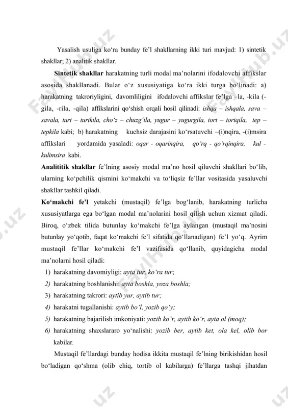 dan o‘xshash bo‘lsa ham, ular o‘rtasida quyidagicha farq mavjud: a) qo‘shma fe’llarni hosil qiluvchi qismlarning har ikkalasi ham mustaqil fe’l bo‘lib, ular birgalikda bitta yangi lug‘aviy ma’no ifodalashga xoslanadi; b) yetakchi ko‘makchi felli so‘z qo‘shilmalarida esa ko‘makchi fe’l o‘z mustaqil lug‘aviy ma’nosini yo‘qotib, modal ma’no ifodalovchi analitik unsurga aylanadi, ya’ni grammatikalizatsiyalashadi. shu bois bunday so‘z qo‘shilmalaridagi birinchi fe’l yetakchi fe’l hisoblanib, u mazkur birikmadagi asosiy lug‘aviy ma’noni tashuvchi komponent hisoblanadi. o‘z mustaqil lug‘aviy ma’nosini yo‘qotib, modal ma’no ifodalovchi analitik unsurga aylangan fe’l esa ko‘makchi fe’l deyiladi: aytib berdi (aytib— yetakchi, berdi — ko‘makchi). yetakchi fe’l vazifasida sodda fe’ldan tashqari qo‘shma fe’l (qaror qilib qo‘ymoq, olib chiqib ketmoq), takroriy fe’l (o‘yib-o‘yib olmoq, chimchib-chimchib olmoq) ishtirok etishi mumkin. hozirgi o‘zbek adabiy tilida quyidagi fe’llar ko‘makchi fe’l vazifasida qo‘llanadi: boshla, yot, tur, yur, o‘tir, bo‘l, bit, ol, ber, qol, qo‘y, chiq, bor, kel, ket, yubor, tashla, sol, tush, o‘l, o‘t, yet, ko‘r, qara, …