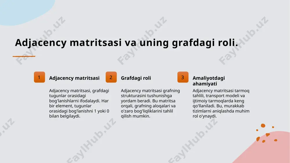 shi mumkin. laplacian matritsalari: grafiklar va tarmoqlar o'rtasidagi bog'lanishlar. laplacian matritsa ta'rifi laplacian matritsa - grafning tuzilishini ifodalovchi matritsa bo'lib, u grafning bog'lanish va uzilishlarini tahlil qilishda muhim ahamiyatga ega. tarmoqlar orasidagi bog'lanish laplacian matritsa tarmoqlar orasidagi bog'lanishni ko'rsatadi, bu esa graf tahlili va tarmoq nazariyasi uchun zaruriy vositadir. amaliy qo'llanilishi laplacian matritsalari tarmoq analitikasi, masalan, o'zaro bog'lanishlarni aniqlash va tarmoqlarni optimallashtirishda keng qo'llaniladi. matritsalar va grafiklar: ularning o'zaro ta'siri va qo'llanilishi. 1 matritsalar tahlili matritsalar graf strukturasini ifodalashda muhim rol o'ynaydi. ular grafning bog'lanishlarini va xususiyatlarini tahlil qilishga yordam beradi. 2 graf nazari graf nazari, ob'ektlar va ularning o'zaro bog'lanishlarini o'rganadi. matritsalar bu bog'lanishlarni matematik tarzda ifodalaydi, tahlil qilishni osonlashtiradi. 3 amaliy qo'llanilish matritsalar tarmoqlarni optimallashtirish, transport va aloqa tizimlarida qo'llaniladi. ular murakkab tarmoqlardagi bog'lanishlarni aniqlashga yordam beradi. 4 o'zaro ta'sir matritsalar va grafiklar o'rtasidagi o'zaro ta'sir, tahlil va yechimlarni topishda juda muhim. ular birgalikda tarmoqlardagi muammolarni hal qiladi. …
