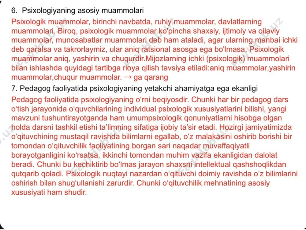 r, biz boshqalarni kulganini va xo'mrayishini qanday o'qishni bilamiz. bir jamoaning a'zolari sifatida, biz, ahloq qoidalariga amal qilamiz, qo’lab- quvvatlaymiz, jinoyatlarni jazolash maqomining ierarxiyasini tashkillashtirdik va bolaning o'limidan xafa bo’lishda bir xilmiz. evolyutsionist-psixologlar ch.darvin ta’limoti va xulq-atvor o’rtasidagi aloqadorlikni tadqiq qilish natijasida shuni aniqlashdiki, bizning universal shaxsiy xususiyatlarimizni bizning individual farqlarimiz bixevioral genetika (xulq-atvor genetikasi) tadqiqot predmeti ekanini tushuntirishga harakat qilishdi. 20. filogenez va ontogenez haqida tushuncha filogenez (yun. phylon — avlod, qabila ), filogeneya — tirik organizmlar hamda ular taksonomik guruhlari: olam, tip (boʻlim), sinf, turkum (tartib), oila, avlod (turkum, urugʻ) va turlarning tarixiy taraqqiyoti. "filogenez" termini nemis olimi e. gekkel tomonidan fanga kiritilgan ontogenez (yunoncha: ontos — borliq va ...genesis - rivojlanish) — organizmning individual rivojlanishi, uning shakllana boshlashidan hayotning oxirigacha sodir boʻladigan ketma-ket oʻzgarishlar majmui. "ontogenez" terminini nemis olimi e. gekkel (1866) fanga kiritgan 21. psixikaning sensor, perseptiv bosqichlari elementar (sodda) sensor psixik bosqichi -a.n.leontev ta'rificha, tashqi …