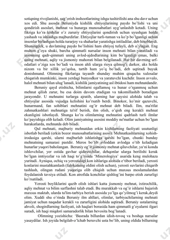 ... mulkni ehtiyot qilib saqlab, o’z ehtiyoji uchun ishlatsa, bu yomon hisoblanmaydi”. forobiyning mulkchilik to’g’risidagi iqtisodiy fikrlarining to’g’ri ekanligini hayotning o’zi ko’rsatib berdi. buni mamlakatimizda mulkdorlar sinfining shakllanib, ularning soni ko’payib, iqtisodiyotni rivojlantirishda roli ortib borayotgan hozirgi davrda forobiyning mulk va unga egalik qilish haqidagi g’oyalari yana ham faollashib borayotgani misolida ko’rish mumkin. forobiyning taqsimotga bo’lgan iqtisodiy qarashlari taqsimot forobiyning iqtisodiy qarashlarida o’ziga xos usulda talqin etiladi. uningcha, jamiyat va kishilar qo’lidagi mol-mulkni, nozne‘matlarni to’g’ri taqsimlash davlat miqyosidagi asosiy muammolardan biri hisoblanadi. taqsimot maqsadga muvofiq amalga oshirilmas ekan, ko’pchilik kishilar bachkanalashib ketadi, odamlar faqir ahvolga tushib qoladi. shu narsa ayonki, mavjud narsalar taqsimlanadi. shu bois maqsadga muvofiq taqsimotni amalga oshirishda forobiy mavjud bo’lgan barcha boyliklarni to’g’ri hisobga olishni nazrda tutadi. u shunday yozadi: “avvalo yer va joylarning miqdori, keyin ularning egalari va tutgan o’rinlari, so’ngra nihoyatda zarur narsalar bo’lgan oziq-ovqatlar, ekiladigan yerlar, saroy va shaxsiy uylar miqdori hisobga olinishi zarur”. …