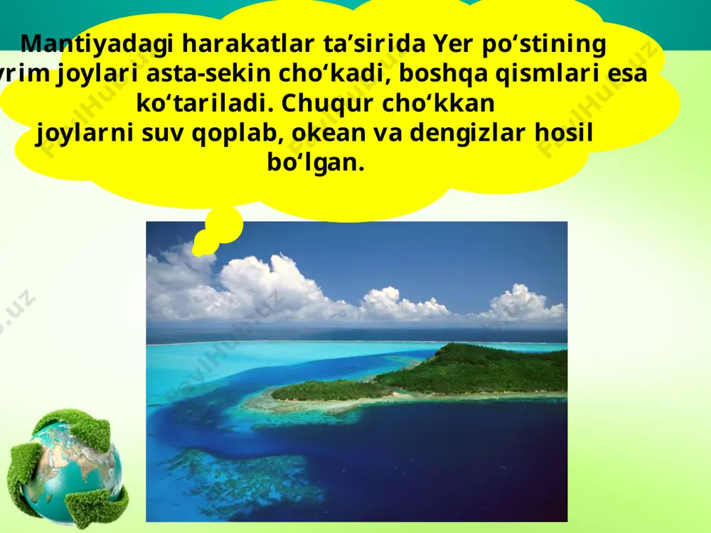 tining chuqur qismida - tog‘ jinslari qatlamlarida to‘satdan ro‘y beradigan sinish, siljish, uzilish natijasida sodir bo‘ladi. yer qimirlash boshlanadigan bu joy yer qimirlash o‘chog‘i — gipotsentr deyiladi. yer qimirlash o‘chog‘i ustidagi joy yer qimirlash markazi — epitsentr deb yuritiladi. epitsentr gipotsentr yer qimirlash harakatlari juda sezuvchan asbob — seysmograflarda avtomat ravishda yozib olinadi («seysmo» — yer qimirlash, «grafo» — yozaman). yer qimirlashini o’lchaydigan asbob image2.jpeg image3.jpeg image4.jpeg image5.jpeg image6.jpeg image7.jpeg image8.jpg image9.jpeg image10.png image11.jpeg image12.png image13.jpg image14.jpeg image15.gif image16.jpg image1.jpeg