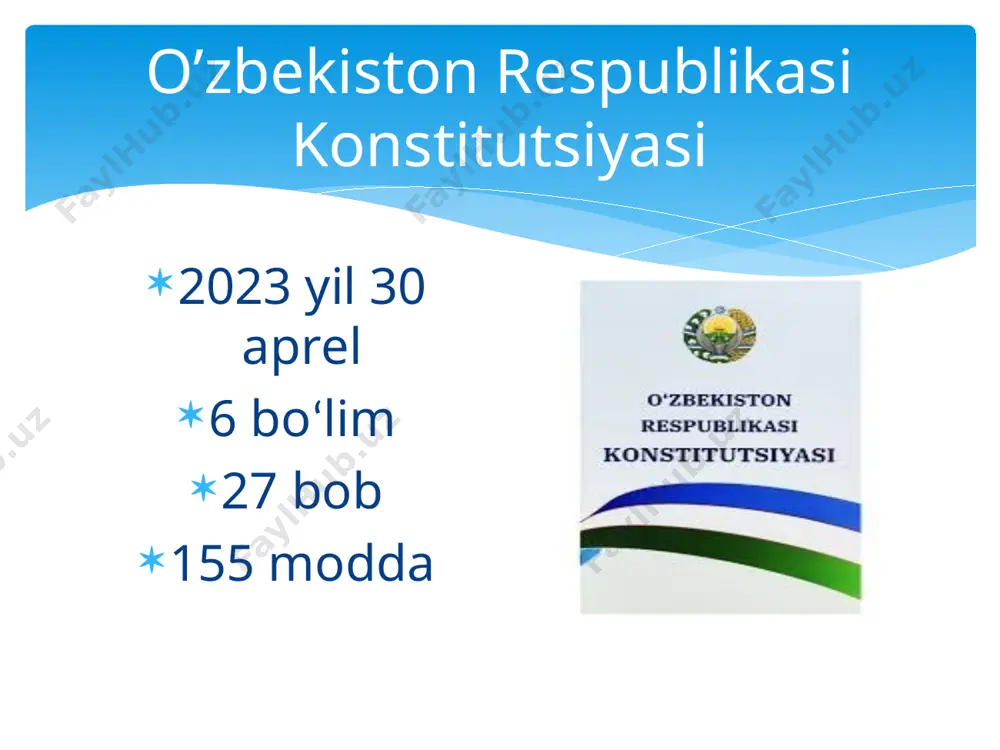 likasining prezidenti: 9) o‘zbekiston respublikasi bosh vazirini, o‘zbekiston respublikasi vazirlar mahkamasi a’zolarini o‘zbekiston respublikasi oliy majlisining qonunchilik palatasi ma’qullaganidan keyin lavozimga tayinlaydi va ularni lavozimidan ozod etadi; 109-modda. 10) qo‘mitalar, agentliklar va boshqa respublika davlat organlari rahbarlarini qonunchilikka muvofiq lavozimga tayinlaydi va lavozimidan ozod etadi; 11) o‘zbekiston respublikasi bosh prokurorini, o‘zbekiston respublikasi hisob palatasi raisini o‘zbekiston respublikasi oliy majlisining senati ma’qullaganidan keyin lavozimga tayinlaydi va ularni lavozimidan ozod etadi; 13) o‘zbekiston respublikasi oliy majlisining senatiga o‘zbekiston respublikasi konstitutsiyaviy sudi, o‘zbekiston respublikasi oliy sudi, o‘zbekiston respublikasi sudyalar oliy kengashi tarkiblariga nomzodlarni, shuningdek o‘zbekiston respublikasi markaziy banki boshqaruvining raisi, respublika korrupsiyaga qarshi kurashish organining rahbari va respublika monopoliyaga qarshi organining rahbari lavozimlariga nomzodlarni taqdim etadi; 114-modda. o‘zbekiston respublikasi vazirlar mahkamasi ijro etuvchi hokimiyatni amalga oshiradi. o‘zbekiston respublikasi vazirlar mahkamasi o‘zbekiston respublikasi bosh vaziri, uning o‘rinbosarlari va vazirlardan iborat. qoraqalpog‘iston respublikasi hukumatining boshlig‘i vazirlar mahkamasi tarkibiga o‘z lavozimi bo‘yicha kiradi. xx bob. o‘zbekiston …