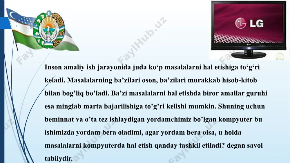 ligini aniqlash. masala shartlariga mos tenglama tuzish: masalada topish talab etilgan satrlar sonini x bilan belgilaymiz. u holda shartga ko’ra har bir satrda x tadan belgi bo‘ladi. demak, kitobning bitta sahifasida ta ( x ta belgidan iborat x ta satr) belgi bor. masala shartiga ko‘ra behzod ta (4 ta sahifa va 4 ta satr) belgi o‘qigan. masala shartiga asosan bu belgilarning soni 6560 bayt (bitta belgi – bir bayt) ga teng: ko‘rinishdagi kvadrat tenglamaga keltiramiz, ya’ni masalaning shartlariga mos tenglama hosil qildik. tenglamani tenglamani yechish ketma-ketligi: sizga ma’lum bo‘lgan kvadrat tenglama yechish usulidan foydalanamiz: natijaning tahlili: yuqoridagi masalalarni yechilishini tahlil etib, ular qiyidagi bosqichlardan iborat ekanligini ko‘ramiz: 1. har bir masalada avval masalaning qo’yilishi, ya’ni masalada berilgan boshlang’ich kattaliklar va masalaning maqsadi (topilishi kerak bo’lgan natijaviy kattaliklar) aniqlanadi. 2. masalani yechish uchun zarur bo’lgan formulalar, boshqacha aytganda matematik munosabatlar hosil qilinadi. 3. masala yechimidagi amallarni (formulalarni, munosabatlarni) bajarish ketma-ketligi aniqlanadi …