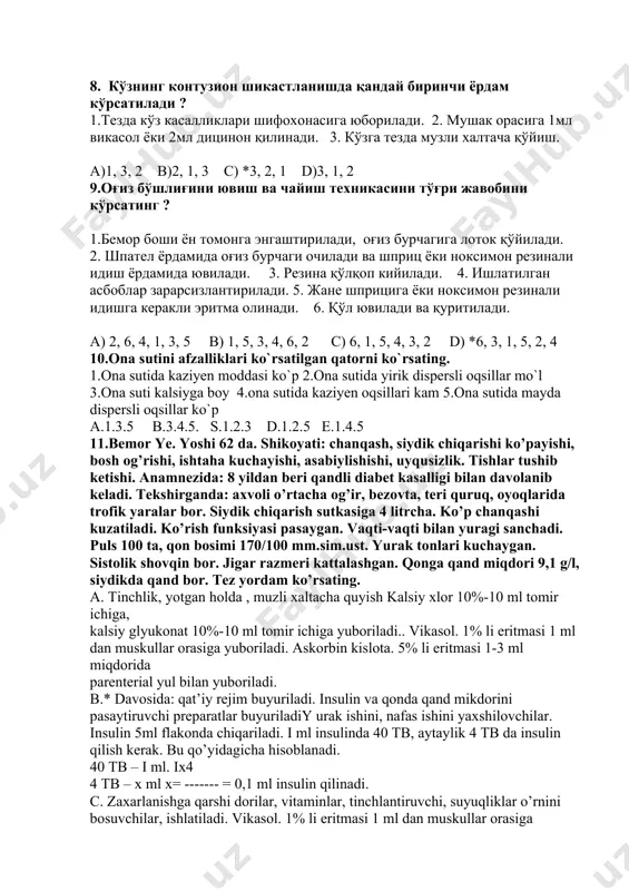 yoshi 62 da. shikoyati: chanqash, siydik chiqarishi ko’payishi, bosh og’rishi, ishtaha kuchayishi, asabiylishishi, uyqusizlik. tishlar tushib ketishi. anamnezida: 8 yildan beri qandli diabet kasalligi bilan davolanib keladi. tekshirganda: axvoli o’rtacha og’ir, bezovta, teri quruq, oyoqlarida trofik yaralar bor. siydik chiqarish sutkasiga 4 litrcha. ko’p chanqashi kuzatiladi. ko’rish funksiyasi pasaygan. vaqti-vaqti bilan yuragi sanchadi. puls 100 ta, qon bosimi 170/100 mm.sim.ust. yurak tonlari kuchaygan. sistolik shovqin bor. jigar razmeri kattalashgan. qonga qand miqdori 9,1 g/l, siydikda qand bor. tez yordam ko’rsating. a. tinchlik, yotgan holda , muzli xaltacha quyish kalsiy xlor 10%-10 ml tomir ichiga, kalsiy glyukonat 10%-10 ml tomir ichiga yuboriladi.. vikasol. 1% li eritmasi 1 ml dan muskullar orasiga yuboriladi. askorbin kislota. 5% li eritmasi 1-3 ml miqdorida parenterial yul bilan yuboriladi. b.* davosida: qat’iy rejim buyuriladi. insulin va qonda qand mikdorini pasaytiruvchi preparatlar buyuriladiy urak ishini, nafas ishini yaxshilovchilar. insulin 5ml flakonda chiqariladi. i ml insulinda 40 tb, …