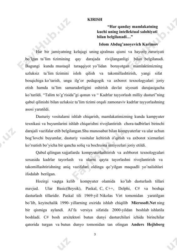 alaridan foydalanish kabi vazifalarni o’rganishga olib keladi. kurs ishining maqsadi: mustaqil ravishda izlanaish, izlangan sari bu mavzuni mustaqil ravishida o’zlashtirib boraish. c# dasturlash tili va uni tarixini o’rganish. c# tilida kompanentalar bilan ishlash haqida tushunchalar olish va o’rganish. kurs ishining asosiy vazifalari: · oyinlar tuzishga bolgan tushunchaga berish usullarining visuallashtirilish; · dasturlash haqidagi umumiy ma’lumotlarga tayangan holda dastur tuzishni o’rganish; · oyin turlaridan biri tir otishmalar harakatini algaritmlar yordamida korsatish · mexanik harakat turidan biri tekkis aylanma harakatga asoslangan dastur yaratish kurs ishining obyekti: c# dasturlash tili bilan yaqindan ishlash va u haqida to’liq ma’lumot berish va uni amalda qo’llash. kurs ishining predmeti: c# dasturlash tilini keng targ’ib etish. kurs ishining tarkbi: kurs ishiga kirish, 2 bob, xulosa, foydalanilgan adabiyotlar, ilovadan iborat. i.bob.nazariy qism 1.1. zamonaviy dasturlash tillari hozirgi kunda respublikamizdagi texnika oily o‘quv yurtlarida “informatika va axborot texnologiyalari” yo‘nalishi va mutaxassisliklariga turli xil dasturlash tillarini o‘rgatish mo‘ljallangan. bizga ma’lumki, …