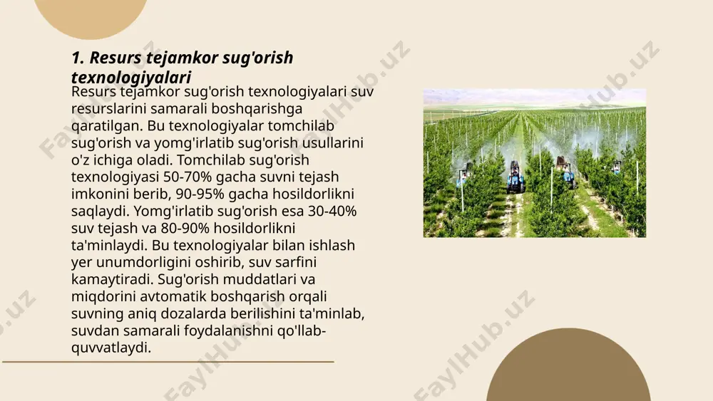 bu texnologiyalar energiya sarfini 20% gacha kamaytirishi mumkin. ... t.me/slaydai_bot energiya tejamkor uskunalar va texnikalar zamonaviy dunyoda muhim ahamiyatga ega. energiya tejash texnologiyalari yillik energiya sarfini o'rtacha 15-30% kamaytirishi mumkin. masalan, led yorug'lik chiroqlari an'anaviy chiroqlarga nisbatan 75% energiyani tejaydi. maishiy texnikalardan eng energiya tejamkor modellar, a+++ sinfiga kirib, 50% gacha energiya tejashni ta'minlaydi. haroratni boshqarish tizimlari va smart termostatlar xonalardagi energiya sarfini 20% kamaytirishga yordam beradi. shu bilan birga, quyosh paneli va shamol turbinalari yordamida tiklanuvchi energiya hosil qilish elektr energiyasi iste'molini 10% ga qisqartirishi mumkin. ... t.me/slaydai_bot 7. biologik o'g'itlash va himoya vositalari biologik o'g'itlash o'simliklarga zarur mineral va organik moddalarni ta'minlash uchun muhimdir. har yili dunyo bo'ylab taxminan 190 million tonna o'g'it ishlab chiqariladi. biologik himoya vositalari zararkunandalarga qarshi kurashda samarali bo'lib, metall yoki kimyoviy moddalardan foydalanmasdan, tabiatdan olingan agentlarni qo'llaydi. masalan, biologik pestitsidlar 8% ni tashkil etishi mumkin, bu esa an'anaviy pestitsidlar qo'llanilishini kamaytiradi. biologik vositalar, …