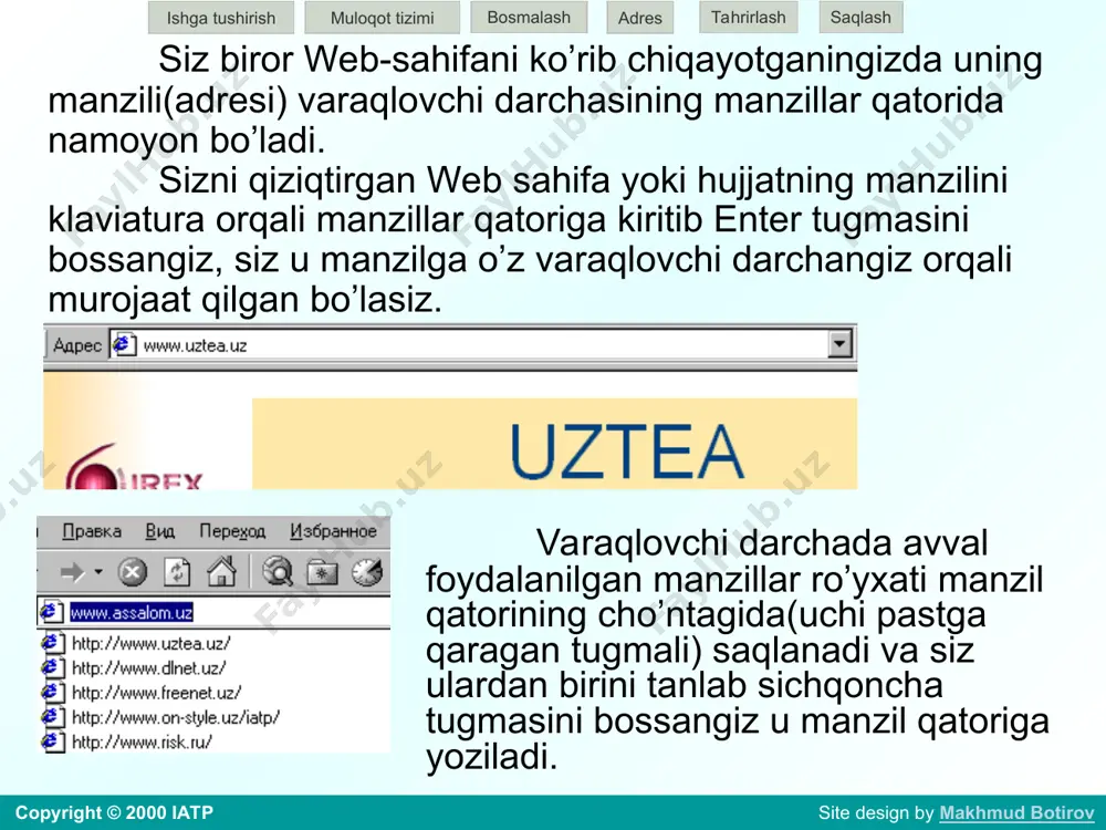 masini bosib o'tilgan harakat bo'yicha avvalgi sahifa (web-hujjat)ga qaytarish imkonini beradi; tugmani bir necha marotaba faollashtirish natijasida yoki, shu tugma cho’ntagidan o’tilgan tugunlardan birini tanlab tegishli web-sahifaga qaytasiz. oldinga (forward) - bu tugma back tugmasiga nisbatan qarama-qarshi yo'nalishda harakatlanishga imkon beradi. ishga tushirish muloqot tizimi bosmalash adres saqlash tahrirlash copyright © 2000 iatp site design by makhmud botirov ish davomida ko'rilayotgan web-sahifani ekrandan yo’qotmay desangiz, shu ishoratning ustida sichqonchaning o'ng tomonini bosib ekranda ochilgan qo'shimcha (kontekstli menyu) darchasidan открыт ссылку в новом окне (open link in new window) bandini tanlab faollashtirish lozim. bunda ishoratga tegishli sahifa yangi darchada ochilaboshlaydi. yangi sahifa yuklanguncha uni o’rab qo’yib(darchaning burchagidagi -- tugmasini bosib) avvalgi darchadagi sahifa bilan ishlab turasiz. o’ralgan darchadagi web-sahifaga o'tish uchun uni faollashtirish(ustiga chertish) kifoya. ishga tushirish muloqot tizimi bosmalash adres saqlash tahrirlash copyright © 2000 iatp site design by makhmud botirov hujjatni bosmadan chiqarish bosmalash tugmasini bosish bilan печать (print) …