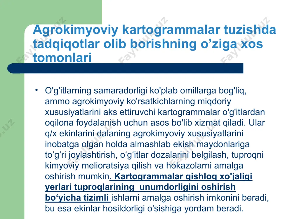 tuproq tiplarida qishloq xo‘jalik ekinlari hosildorligini oshirish uchun albatta o‘g‘itlardan foydalanishga to‘g‘ri keladi. tuproqdagi oziq moddalar va o‘simliklarning oziqlanishi uchun layoqatliligi o'zbekiston milliy universiteti, 2021 o‘simliklar o‘zlashtira oladigan oziq moddalar miqdori tuproqning tipi, madaniylashganlik darajasi, yetishtiriladigan ekin turi va kiritiladigan o‘g‘it miqdori bilan uzviy bog‘liqdir. oziq moddalar miqdori bitta xo‘jalikning turli paykallarida ham turlicha bo‘lishi mumkin. tuproq unumdorligini oshirish va o‘g‘itlardan oqilona foydalanishda harakatchan azot, fosfor va kaliy miqdorini aniqlash uchun o‘tkaziladigan agrokimyoviy tekshirishlar muhim ahamiyat kasb etadi. tuproqdagi harakatchan oziq moddalar miqdori agrokimyo laboratoroiyalarida aniqlanadi. o'zbekiston milliy universiteti, 2021 № таъминлан-ганлик даражаси минерал азот миқдори харитада белгилана- диган ранги чизиқ шакли 1 2 3 4 5 жуда паст паст ўртача юқори жуда юқори 60,0 сариқ оч яшил ҳаво ранг оч сиёҳ ранг сиёҳ ранг нуқта пунктир ётиқ чизиқ тик чизиқ тўғри катак тупроқларни ҳаракатчан азот миқдори бўйича гуруҳланиши o'zbekiston milliy universiteti, 2021 № таъминлан-ганлик даражаси р2о5 миқдори, мгкг харитада …