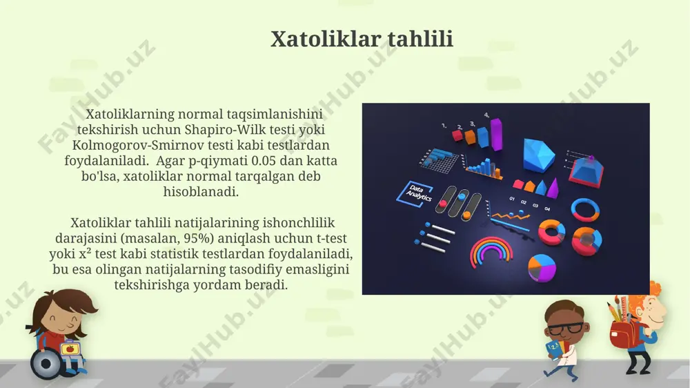 ladan dasturiy ta'minot va qo'llanilgan formulalarni ko'rsatish zarur. hisobotda kamida 3 ta jadval va 5 ta grafik yordamida eksperimental natijalarni aniq va tushunarli ko'rinishda taqdim etish tavsiya etiladi, bu ma'lumotlarning vizual tahlilini osonlashtiradi. t-testi t-test, ikki guruh o'rtacha qiymatlarini taqqoslash uchun ishlatiladi va 0.05 dan kam p-qiymati statistik jihatdan ahamiyatli farqni ko'rsatadi. bir tomonlama t-testi, o'rtacha qiymatlar orasidagi farqning yo'nalishini bilganimizda qo'llaniladi, ikki tomonlama t-testi esa yo'nalishni bilmaganimizda qo'llaniladi. ishonch oralig'i ishonch oralig'i 95% ishonch darajasi bilan hisoblanganda, populyatsiya parametrining haqiqiy qiymati hisoblangan oralig' ichida 95% ehtimol bilan joylashgan bo'ladi. ishonch oralig'ining kengligi namunaviy o'lchamga bog'liq bo'lib, katta namunalar kichik namunalarga nisbatan torroq, ya'ni 95% ishonch oralig'i uchun 100 ta kuzatish 20 ta kuzatishga nisbatan aniqroq natijani beradi. e'tiboringiz uchun rahmat @taqdimot_robot image6.jpg image7.jpg image8.jpg image9.jpg image10.jpg image11.jpg image12.jpg image13.jpg image14.jpg image15.jpg image16.jpg image17.jpg image1.png