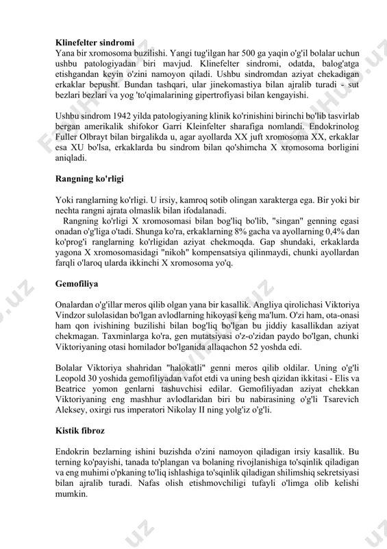 hta nusxasi mavjudligidan kelib chiqadi. genetika buni trisomiya deb ataydi. ko'pgina hollarda, qo'shimcha xromosoma bolaga onadan uzatiladi. daun sindromi bilan bola tug'ilish xavfi onaning yoshiga bog'liq ekanligi odatda tan olingan. ammo, umuman olganda, ular ko'pincha yoshligida tug'adilar, daun sindromi bilan kasallangan barcha bolalarning 80 foizi 30 yoshgacha bo'lgan ayollarda tug'iladi. genlardan farqli o'laroq, xromosoma anomaliyalari tasodifiy nosozlikdir. va oilada shunga o'xshash kasallikka chalingan bitta odam bo'lishi mumkin. ammo istisnolar mavjud: 3-5% hollarda, bola xromosomalar to'plamining yanada murakkab tuzilishiga ega bo'lsa, daun sindromining kam uchraydigan translokatsiya shakllari kuzatiladi. kasallikning o'xshash varianti bir xil oilaning bir necha avlodlarida takrorlanishi mumkin. "downside up" xayriya jamg'armasi ma'lumotlariga ko'ra, har yili rossiyada daun sindromiga chalingan 2500 nafar bola tug'iladi. klinefelter sindromi yana bir xromosoma buzilishi. yangi tug'ilgan har 500 ga yaqin o'g'il bolalar uchun ushbu patologiyadan biri mavjud. klinefelter sindromi, odatda, balog'atga etishgandan keyin o'zini namoyon qiladi. ushbu sindromdan aziyat chekadigan erkaklar bepusht. bundan tashqari, …