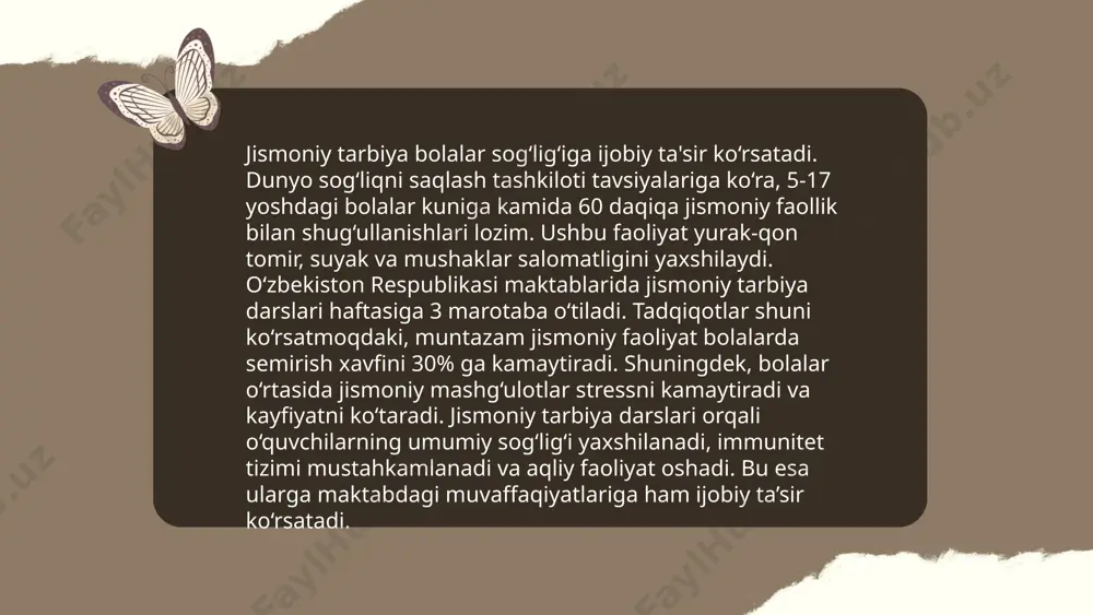 olalar harakat ko‘nikmalarini yaxshilaydi va jamoaviy ishchanlikni o‘rganadi. jismoniy faoliyat stress darajasini 30% ga kamaytirishi mumkin. bolalarning 70% dan ortig‘i jismoniy tarbiya darslari orqali sportga qiziqish uyg‘otadi. shu sababli, bolalar va o‘smirlar uchun sport turlarini tanlashda ularning yoshiga mos, qiziqarli va xavfsiz sport turlari taklif etilishi qo'llab-quvvatlanadi. ... t.me/slaydai_bot jismoniy tarbiya inson salomatligini yaxshilashda muhim ahamiyatga ega. har kuni 30 daqiqa jismoniy mashqlar bilan shug‘ullanish yurak-qon tomir tizimini mustahkamlaydi va umumiy energiya darajasini oshiradi. mazkur jarayon natijasida immunitet tizimi kuchayadi, kasalliklarga qarshi turish qobiliyati oshadi. tadqiqotlar ko‘rsatishicha, muntazam jismoniy faollik gripp va sovuq alg‘ovda chalinish xavfini 20-30 foizga kamaytiradi. jismoniy tarbiya o‘zaro muvofiqlashtirilgan va doimiy mashg‘ulotlar immun hujayralarning faolligini oshiradi. shuningdek, jismoniy faollik stress va xavotir darajasini kamaytiradi, bu esa immunitet tizimini qo‘llab-quvvatlaydi. shu tariqa, jismoniy tarbiya sog‘lom turmush tarziga asos bo‘lib, kishining o‘zini yaxshi his qilishini ta'minlaydi. bolalar va o'smirlarorganizmiga doimiy tarzda jismoniy tarbiya bilan shug'illanishing tasri . e'tiboringiz …