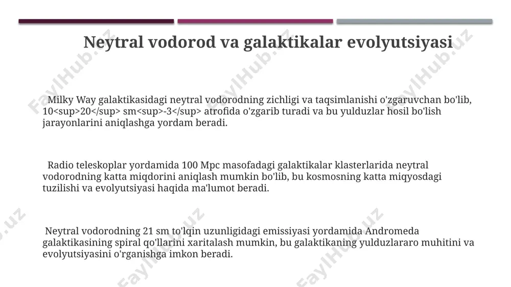 atish orqali aniqlangan. 21 sm radio chiqarilishini tahlil qilish orqali, taxminan 100 million yorugʻlik yili masofada joylashgan galaktikalararo neytral vodorod bulutlari haqida ma'lumot olish mumkin. neytral vodorodning zichligi va harorati 21 santimetrlik chiziq orqali o'lchangan neytral vodorodning harorat va zichlik o'zgarishlari, masalan, somoni yo'li spiral qo'llarining tuzilishini aniqlashda muhim rol o'ynaydi. neytral vodorodning harorati turli hududlarda farq qiladi; sovuq gaz bulutlari 100 k atrofida, issiq ionlashgan gaz esa 10⁶ k ga yetishi mumkin. masalan, andromeda galaktikasida har xil haroratdagi neytral vodorod mavjud. neytral vodorodning zichligi galaktikalararo muhitda taxminan 1 atom kub santimetrga to'g'ri keladi, lekin m87 galaktikasi kabi ulkan galaktikalarda bu zichlik 10 atomgacha kub santimetrga yetishi mumkin. neytral vodorodning simulyatsiyasi va modellashtirilishi gaz dinamikasi tenglamalarini hal qilish orqali, andromeda galaktikasi atrofidagi neytral vodorodning zichligi taxminan 0.1 atom/sm³ ekanligi aniqlandi. neytral vodorodning galaktikalararo muhitdagi taqsimlanishini simulyatsiya qilish uchun 100 mpc hajmdagi n-tanali simulyatsiyalar qo'llanilmoqda, bu esa kosmik torlar va bo'shliqlarning …