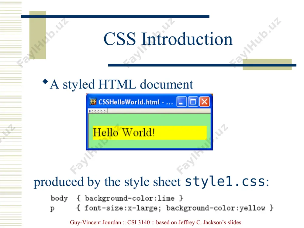 ypes that are descendants: rule applies to li element that is part of the content of an ol element that is part of the content of a ul element guy-vincent jourdan :: csi 3140 :: based on jeffrey c. jackson’s slides guy-vincent jourdan :: csi 3140 :: based on jeffrey c. jackson’s slides css syntax style rules covered thus far follow ruleset syntax at-rule is a second type of rule reads style rules from specified url must appear at beginning of style sheet url relative to style sheet url guy-vincent jourdan :: csi 3140 :: based on jeffrey c. jackson’s slides guy-vincent jourdan :: csi 3140 :: based on jeffrey c. jackson’s slides style sheets and html style sheets referenced by link html element are called external style sheets style sheets can be embedded directly in html document using style element most html elements have style attribute (value is list …