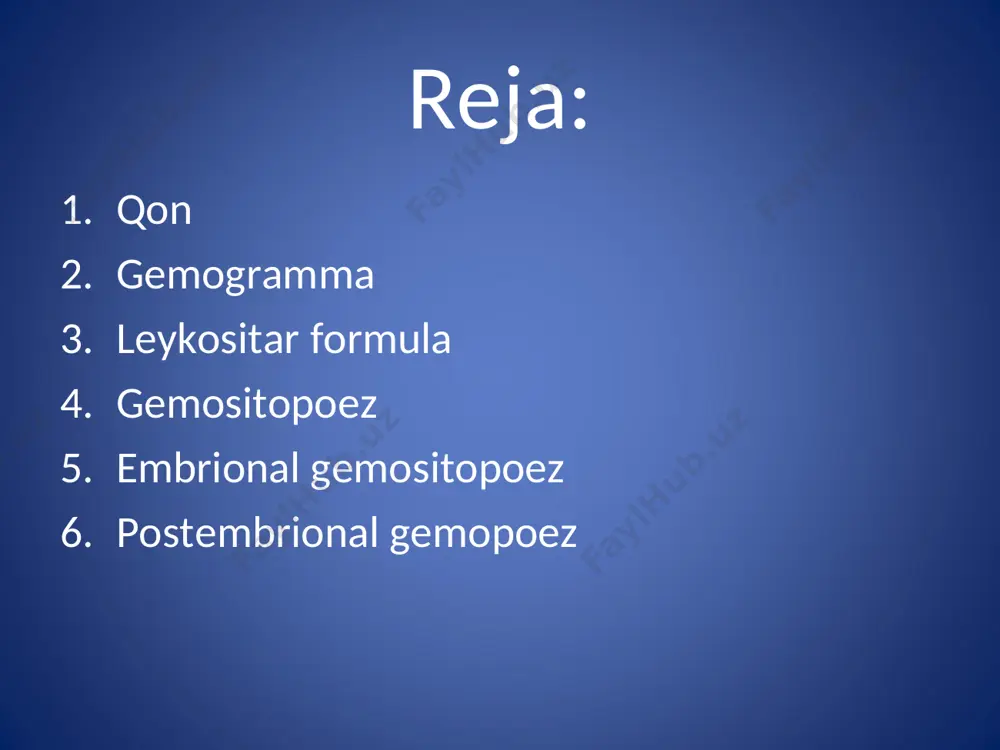 -yao`x-unipotent kxk monositopoezni boshlang`ich xujayrasi-monoblast-promonotsit-monotsit. limfositopoez-o`x-yao`x-unipotent xujayra-limfoblast-prolimfotsit-limfotsit. foydalanilgan adabiyotlar k.a.zufarov toshkent – 2005 y. erkin tursunov “gistologiya” toshkent 2010 yil y.v. almozov “атлас по гистологии” m.1979 yil afanasyev yu.i. “gistologiya” moskva 2004 yil www.yandex.ru e`tiboringiz uchun raxmat