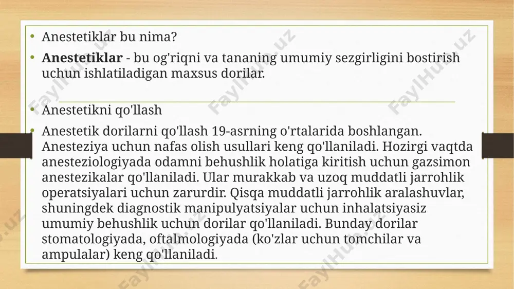 borish kerak. infiltratsion anesteziyaga ko`rsatmalar bo`lib, og‘iz bo`shlig‘idagi yumshoq to`qimasini til, so`lak bezi, lab, lunj, engak osti, bo`yin soxasidagi orperatsiyalar hisoblanadi. infil‘ratsion anesteziya kamchiliklari: 1. to`qimalarni eritma bilan infil‘tratsiyasida to`qima shakli o`zgaradi. bu esa nozik orperatsiya o`tkazishga halal beradi. 2. yallig‘langan to`qimani infiltratsion anesteziyasi yaxshi natija bermaydi. 3. yuborilgan infil‘trat atrof to`qimalarni bir-biridan ajratishi hisobiga jarroxga preparovka qilishga qulaylik tug‘diradi a.v.vishnevskiy tomonidan taklif etilgan to`qimalarni 0,25% li novokain eritmasi bilan zich infil‘tratsiya usulini taklif etgan. u o`z ichiga nfiltratsion va o`tkazuvchi anesteziyaning afzalligi birlashtiradi. 1. bu usul mahalliy nerv oxirlari va nerv ustunlariga tez ta`sir etadi. 2. qavatma-qavat anesteziya hech qanday aniq anatomik mo`ljallarni hisobga olishni talab etmaydi. ignasiz usulda infiltratsion anesteziya: bu usul mamlakatda 1977 y. maxsus in`ektor (bi-8) keng qo`llanilgan. ayniqsa, bolalar stomatologiyasida keng qo`llanilgan. o.f. konobevqev (1979) mahalliy anestetik, qaysiki ignasiz in`ektor orqali yuborilganda u shilliq qavat orqali suyak usti pardasigacha infil‘trlanib, kinetik energiya suyak kanalchasi orqali …