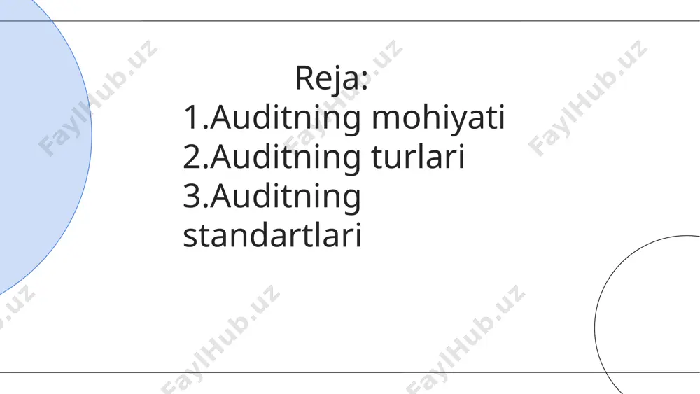 eodalizm davrida evropada feodallar fermerlarning qancha miqdorda daromad olayotganligini tekshirish maqsadida mustaqil taftishchi (auditor)larni yollashgan. o'rta asr auditlari xvi asrda audit jarayoni yanada rivojlandi. yevropada banklar va moliyaviy institutlar auditni o'z faoliyatlarida joriy etishdi.buxgalter-auditor buyuk britaniyada 19-asrning o’rtalarida vujudga kelgan. 1862 yilda angliyada majburiy audit to’g’risida qonun qabul qilingan, fransiyada 1867 yilda, aqshda 1937 yilda buyuk depressiyadan so’ng ushbu turdagi qonunlar qabul qilingan. xvi-xix asrlarda audit sanoat inqilobi davrida auditning ahamiyati oshdi. katta korxonalar va kompaniyalar o'z faoliyatlarini nazorat qilish uchun auditorlarga ehtiyoj sezishdi.auditorlik faoliyatining keyingi rivojiga 1929-1933 yillardagi iqtisodiy inqiroz kuchli turtki berdi. aktsiyadorlik jamiyatlarining bankrotga uchrashi ular faoliyatini nazorat qilish, tuzgan hisobotlarining mustaqil professionallar tomonidan tekshirilishi va tasdiqlash tartibini qat’iylashtirishni talab qildi. industrial revolution bugungi kunda audit uchun standartlar va qoidalar mavjud. bu standartlar auditorlarning ishini sifatli va ishonchli qilishga yordam beradi.umumiy standartlar 1. tekshiruv maxsus texnik tayyorgarlik va auditorlik kiisbiy sifatiga ega shaxs yoki shaxslar tomonidan bajarilishi …
