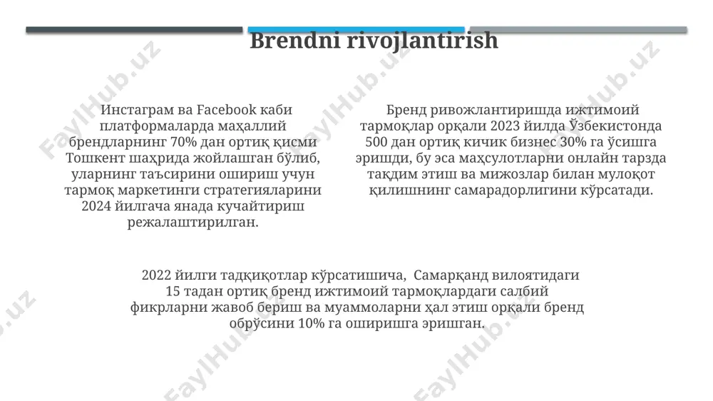 rurligini ko'rsatadi. qoraqalpog'iston respublikasida 2023-yilning birinchi choragida 15 dan ortiq soxta yangiliklar tarqalib, milliy birlik va ijtimoiy barqarorlikka tahdid solgan. bu xabarlarning aksariyati, chet el manbalaridan moliyalashtirilgan deb taxmin qilinmoqda. marketing va reklama маркетинг маҳсулот ва хизматларни 200 миллиондан ортиқ аҳолиси бўлган ўзбекистон бозорида тарғиб қилиш стратегиясини ишлаб чиқади, реклама эса бу стратегиянинг алоҳида бир қисми сифатида, мисол учун, youtube'даги видеореклама орқали маҳсулотни тақдим этади. социал медиа маркетинги 30%гача камроқ харажатлар билан, анъанавий реклама каналларига нисбатан, россия ва қозоғистондаги мижозлар билан самаралироқ алоқа ўрнатиш имконини беради. ўзбекистондаги кичик ва ўрта бизнес субъектлари учун 5000 ақш долларигача бўлган бюджет билан youtube ва instagram'даги таргетингли реклама кампаниялари орқали фойдаланувчиларнинг 10%гача конверсиясига эришиш мумкин. sog'liqqa ta'siri ijtimoiy tarmoqlar orqali tarqaladigan yolg'on ma'lumotlar va salbiy xabarlar 15-25 yoshdagi yoshlarda ruhiy tushkunlik va stress darajasini 20% ga oshirishi mumkin, ayniqsa toshkent shahrida. o'zbekiston aholisining 30% dan ortig'i ijtimoiy tarmoqlarda kuniga 3 soatdan ko'proq vaqt o'tkazadi, …