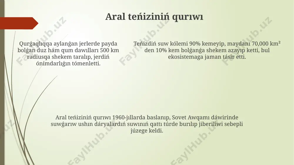 dáryalardıń suw resursları gidroenergetika ushın da qollanıladı, biraq ónimligi úlken emes, máselen, toqtogul ges-i region boyınsha energiya qájetliginiń tek 10% ti qanaatlandıradı. suw resursların paydalanıwdaǵı tiykarǵı másele – bul suwdıń tezligi, sebebi 2050-jılǵa kelip suw jetispewshiligi 30% ke jetiwi múmkin dep boljanıp atır. irrigaciya hám awıl xojalıǵı suwǵarıw jumısları nátiyjesinde topıraqtıń shorlanıwı kóbeyip, 40 procentke shekem jerler shorlanǵan dep bahalanıp atır, bul bolsa ónimdorlıqtı 25-30 procentke túsiredi. dáryalardan alınǵan suwdıń 60 procentke shekemgi kanal hám aryqlarda jayǵan qumsıllar arqalı zaǵalanıp, suwǵarıw texnologiyaların jaqsılastırıw arqalı 20-25 procentke shekem suwdı únemlew múmkin. ámiwdárya hám sırdárya dáryaları boylap 70 procentke jaqın suwǵarılatuǵın jerler jaylasqan bolıp, paxta hám ǵálle egiw ushın jıllıqlı suwǵarıw mólsheri 10-12 mıń kub metrdi quraydı. dáryalardıń taza suwın qorǵaw ilajları dárya boylarındaǵı 70 ten aslam sanaat kárxanalarına qatan talaplar qoyılıp, lastanıw kólemin 40 procentke kemeytiw wazıypası júklendi. xalıqaralıq standartlarǵa muwapıq 150 den aslam monitoring noqatları ornatılıp, ayına keminde 500 analiz …