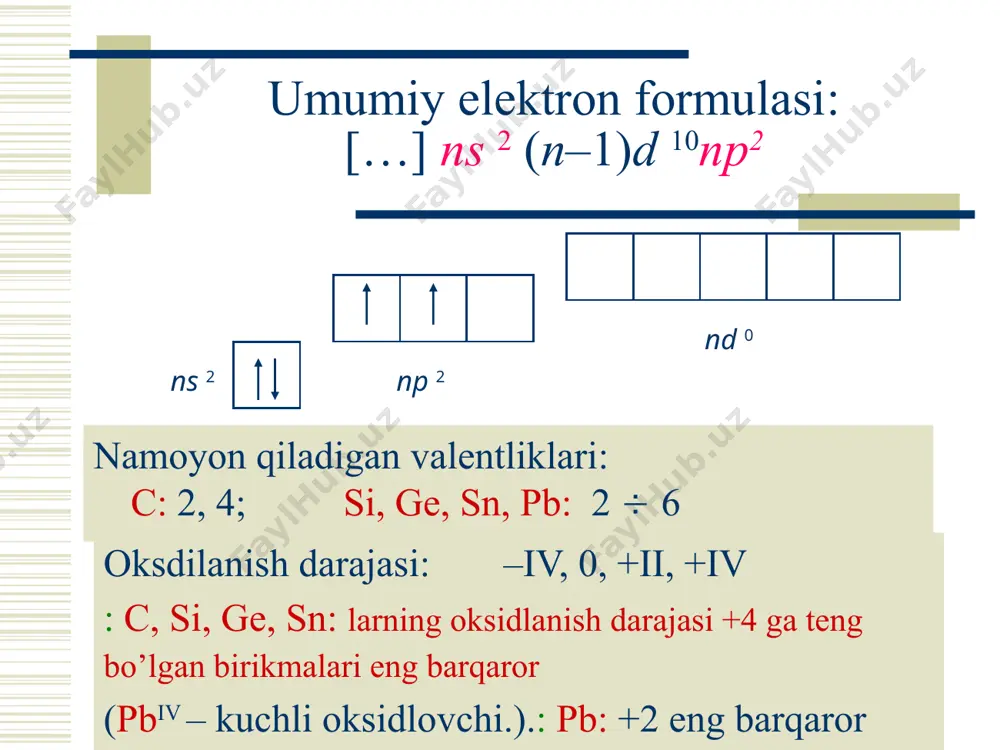 gazi»). qaytaruvchili xossasi(t): 4co + fe3o4 = 3fe + 4co2 (metallurgiyada qo’llaniladi) e e св. св. * * 2p2 6с0 2p4 8o0 uglerod (ii) oksidi co donorlik xossasi: co mustahkam komplekslar hosil qiladi [fe(co)5]. fe : c ::: o co ni aniqlash: pdcl2 + co + h2o = pd + co2 + 2hcl i2o5 + 5co = i2 + 5co2 uglerod (iv) oksidi co2 (kislotali oksid) rangsiz, hidsiz, havodan og’ir gaz, suvda yaxshi eriydi(uy tempraturasida 1 l suvda– chamasi 1,7 l co2). qattiq holatda. («quruq muz») – molekulyar kristall panjarali; sublimatlanadi –78 с, tsuyuq. –57 с (р = 5 atm). o o с , , «quruq muz» sp-gibridlangan monogidrat co2 . h2o va karbonat kislota h2co3 suvdagi eritmasida: co2 (г) + h2o  co2 . h2o  h2co3 h2co3 – kuchsiz ikki asosli kislota: h2co3 + h2o  hco3– + h3o+ ; kk = 4,27 · 10–7 hco3– + h2o …